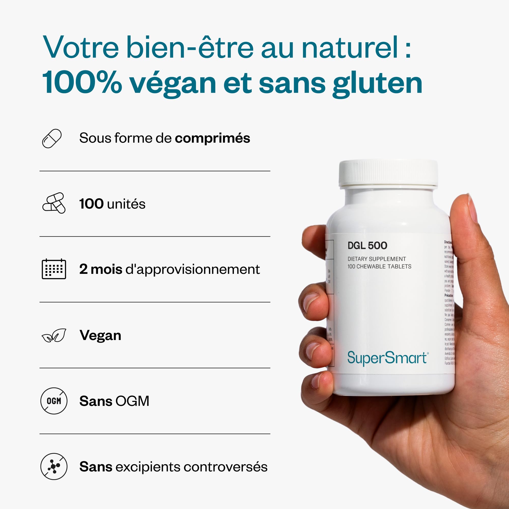 DGL 500 - Extrait de Racine de Réglisse - Reflux Gastro-Intestinal - Contribue à Réduire les Reflux Acides, Douleurs Gastriques, Nausées - Comprimés à mâcher - Vegan - Sans Gluten - Supersmart