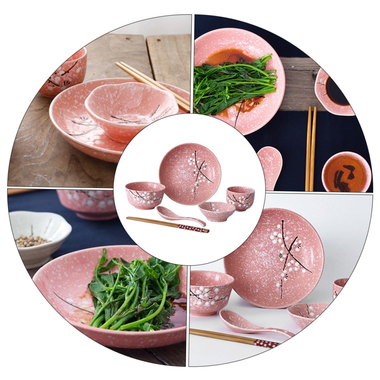 Ciieeo Set Stoviglie Giapponesi 12 Pezzi in Ceramica Rosa, Kit Posate e Piatti per Casa, Stile Delicato per Party e Uso Quotidiano