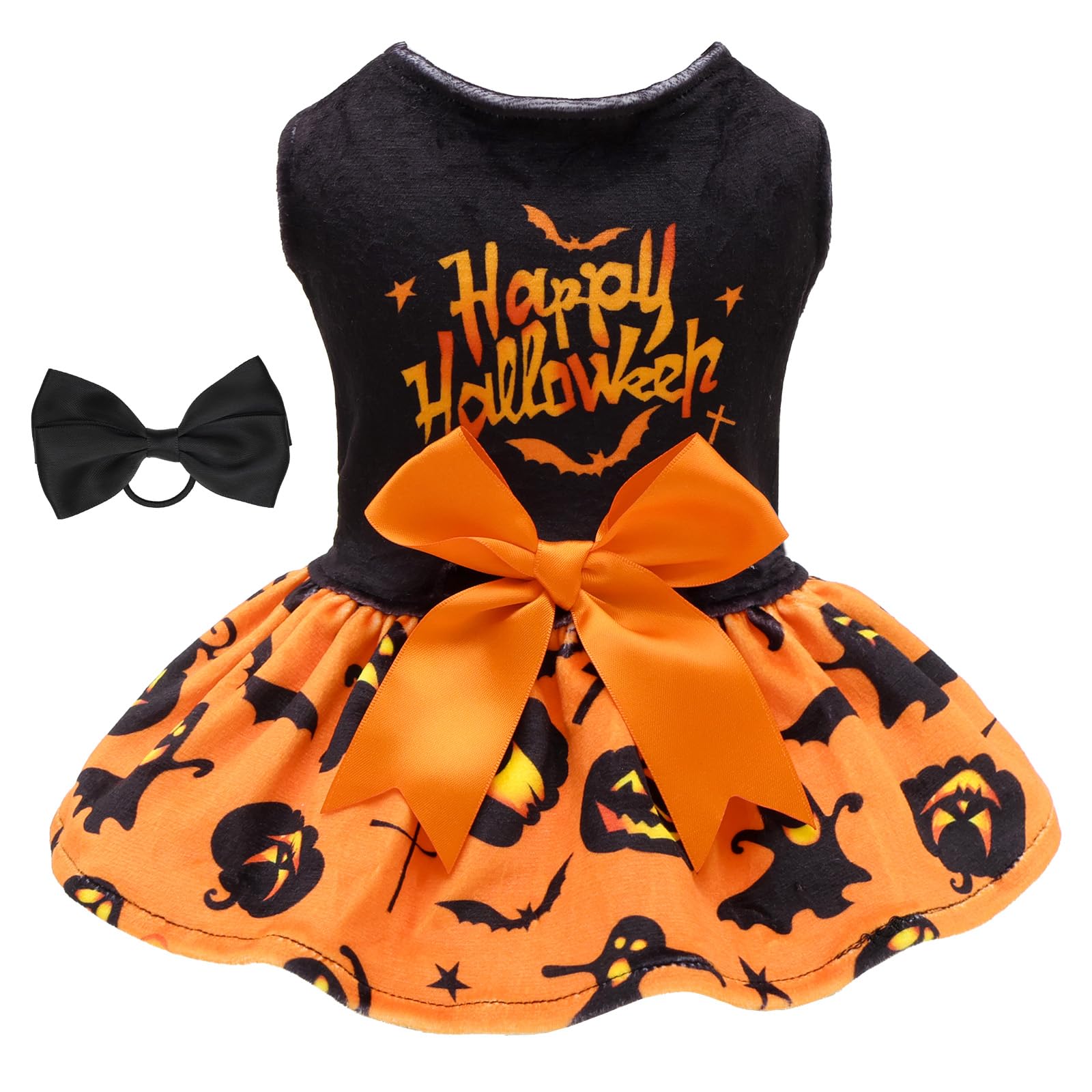 CuteBone Halloween Dog Dresses Velvet Holiday Small Dogs Clothes Onesie Pet Apparel Girl Puppy Skirt with Bow Hair Rope CVA61XXS-D