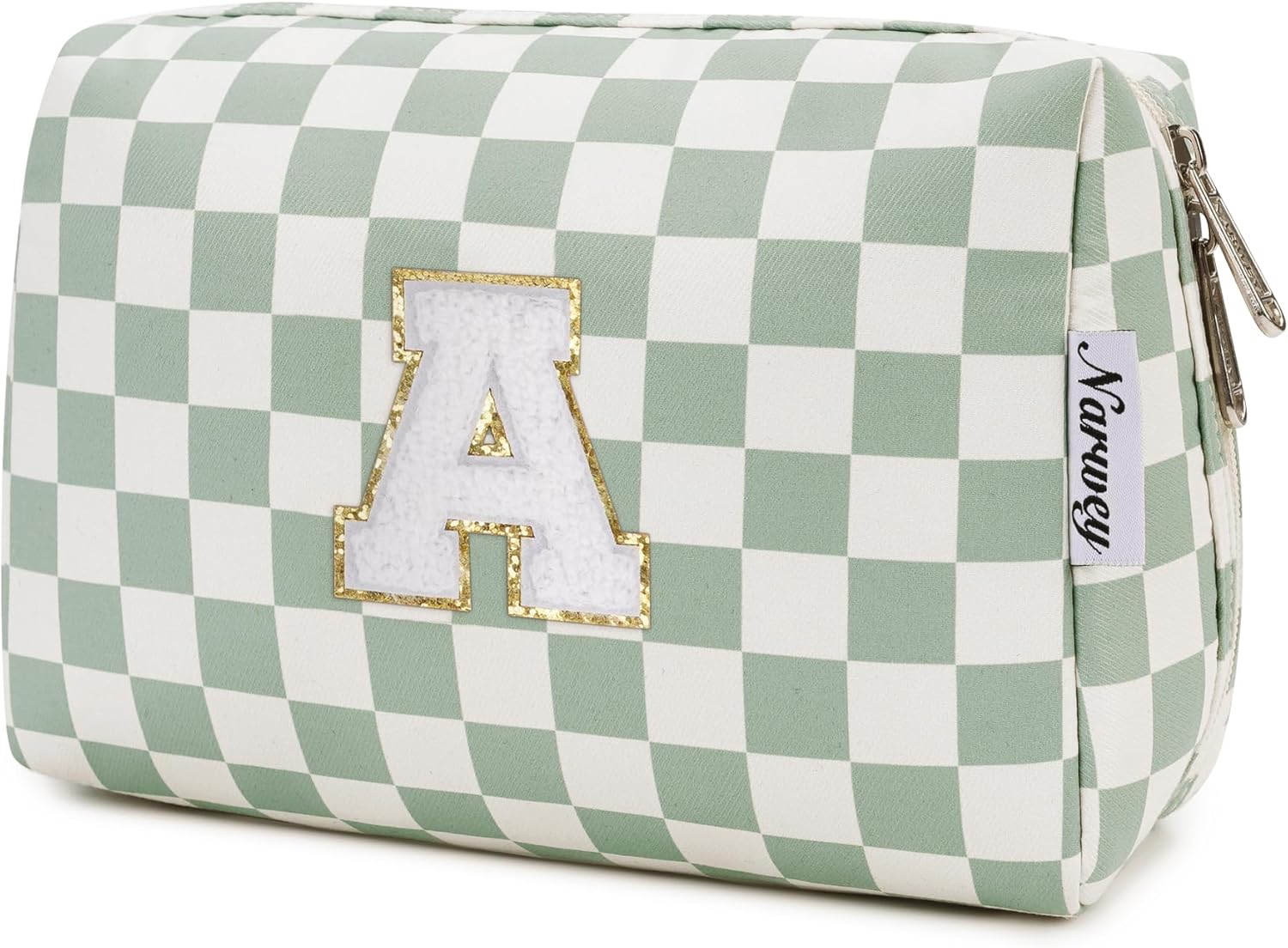 Narwey Personalized Initial Makeup Bag for Teen Girls 6-18 - Green 'A' Cosmetic Toiletry Pouch, Trendy Birthday Gift for Tweens