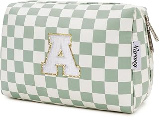 Narwey Personalized Initial Makeup Bag for Teen Girls 6-18 - Green 'A' Cosmetic Toiletry Pouch, Trendy Birthday Gift for Tweens