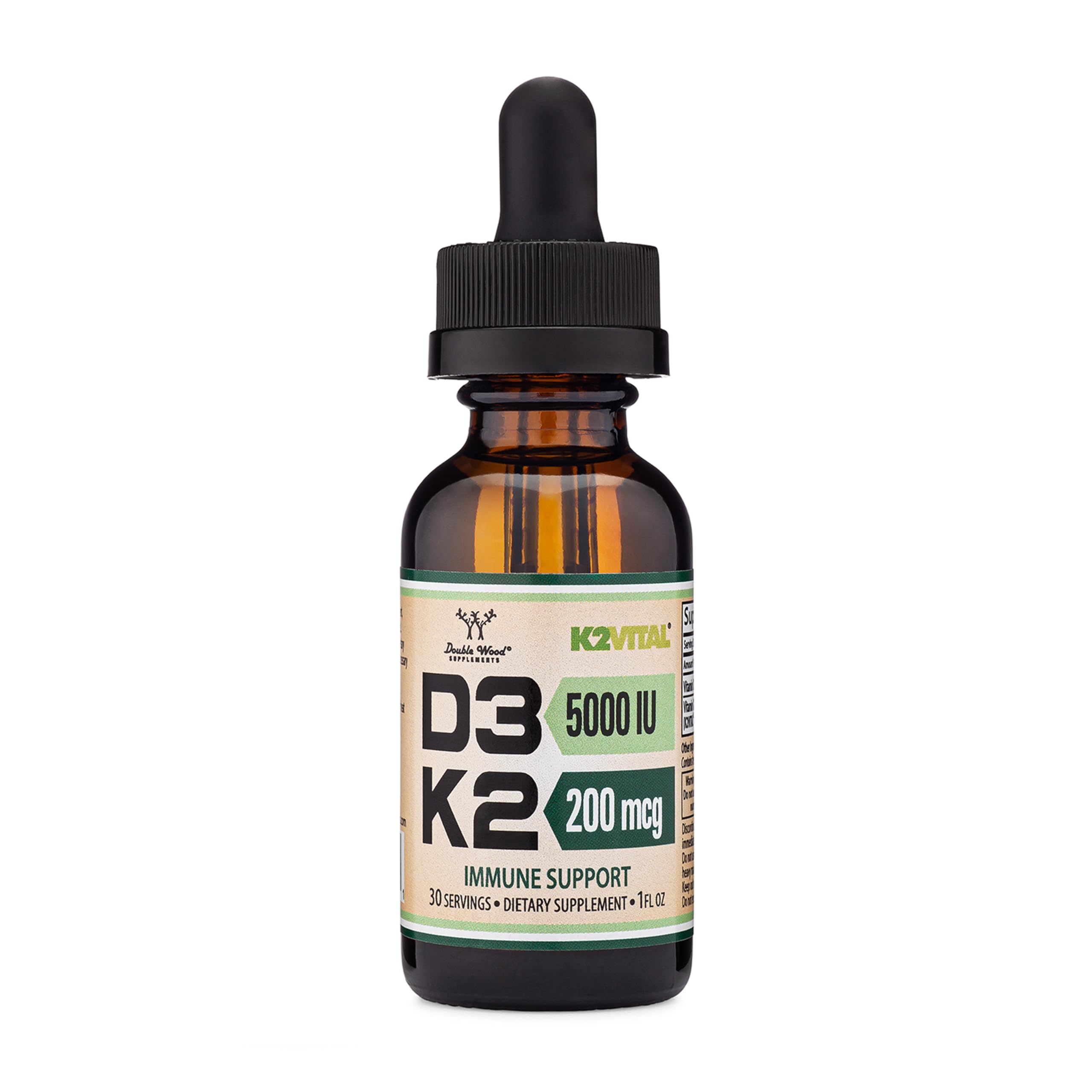 Vitamin D3 K2 5,000 IU Liquid Drops (5,000 IU of D3 and 200mcg of 99.9% All-Trans Patented K2 MK-7 (K2Vital)) Max Absorption Liquid Vitamin D Drops for Kids and Adults (30 Servings) by Double Wood