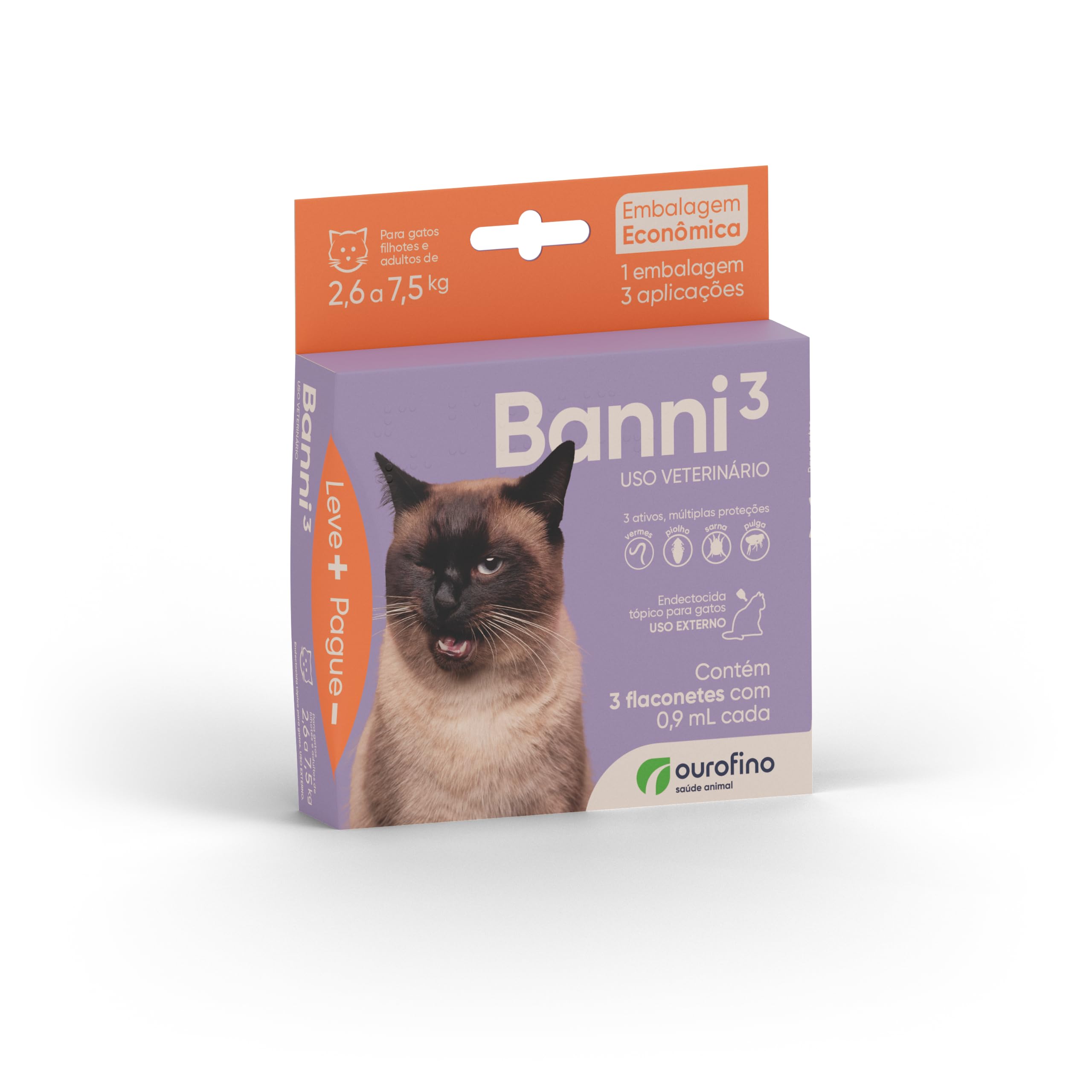 Antipulgas Ourofino Banni 3 para Gatos de 2,6 a 7,5 Kg - 3 pipetas