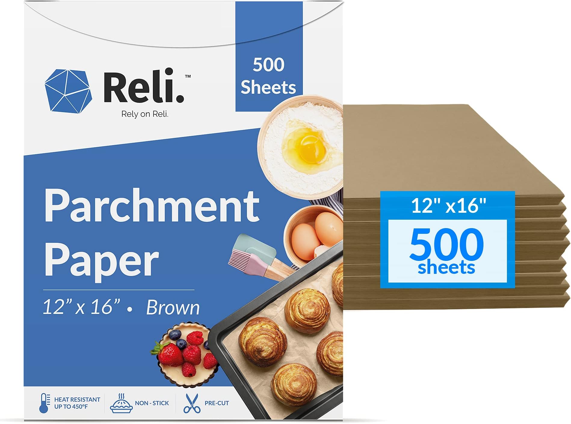 Reli. 500 Pcs Parchment Paper Sheets, Bulk | 12x16 in. | Brown Parchment Sheets, Baking Paper | Non-Stick, Pre-Cut Pan Liners | Brown | Disposable for Baking, Air Fryer, Grilling