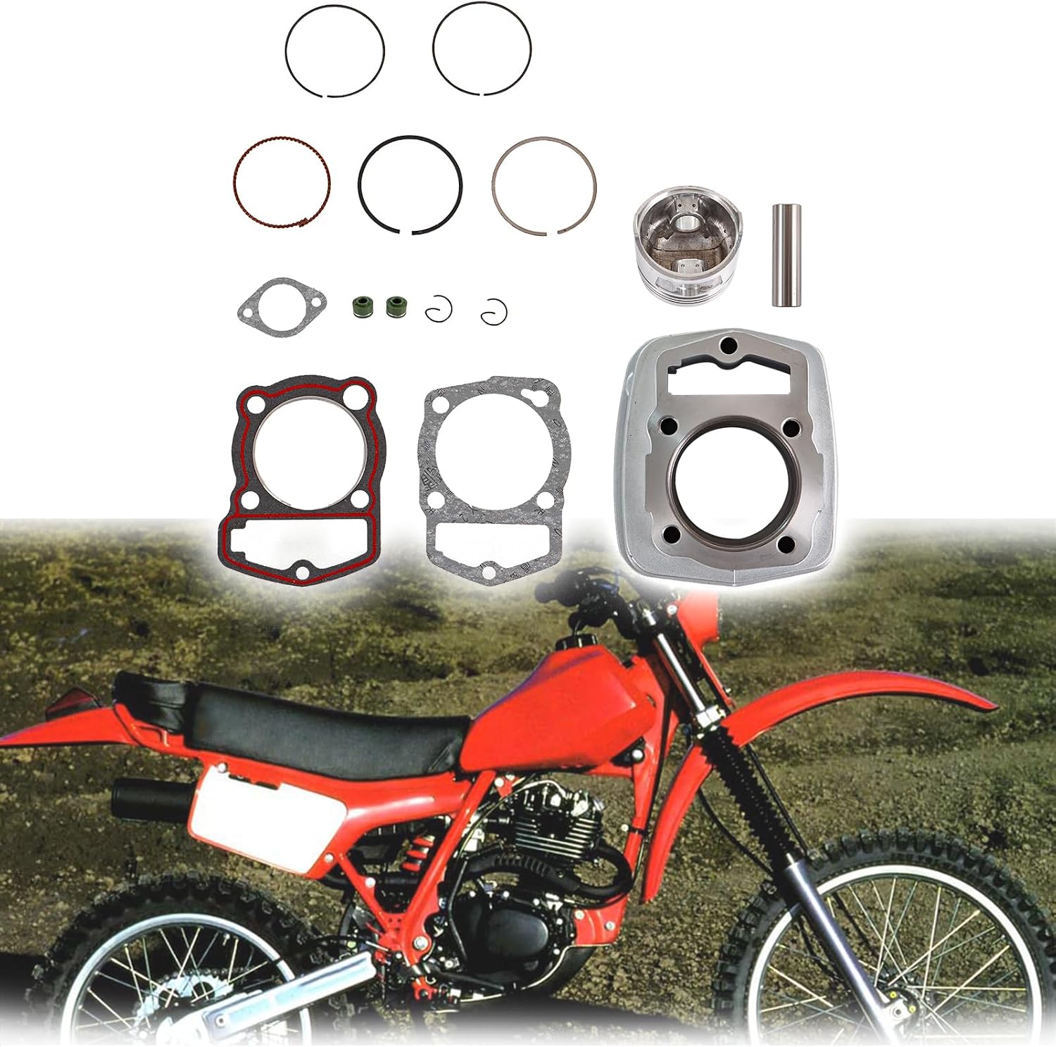 Engine Top End Rebuild Kit 63mm Cylinder Piston Gasket Replacement for Honda XR200R 1981–2002 XR200 1980–1984 XL200R TLR200