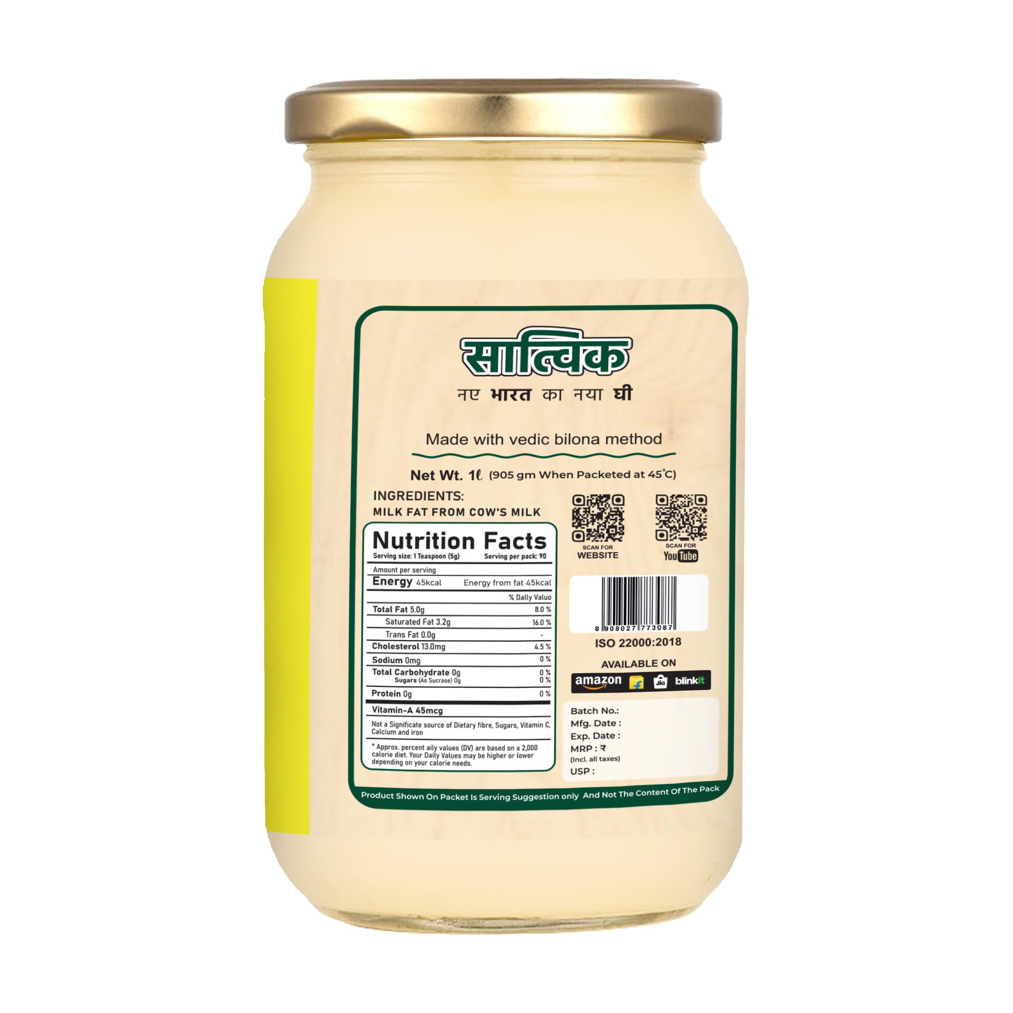 Satvik Pure Ghee Ghee A2 Gir mucca 1 litro Churned dal metodo vedico Bilona | Bilona Ghee | A2 mucca Desi Ghee 1 litro