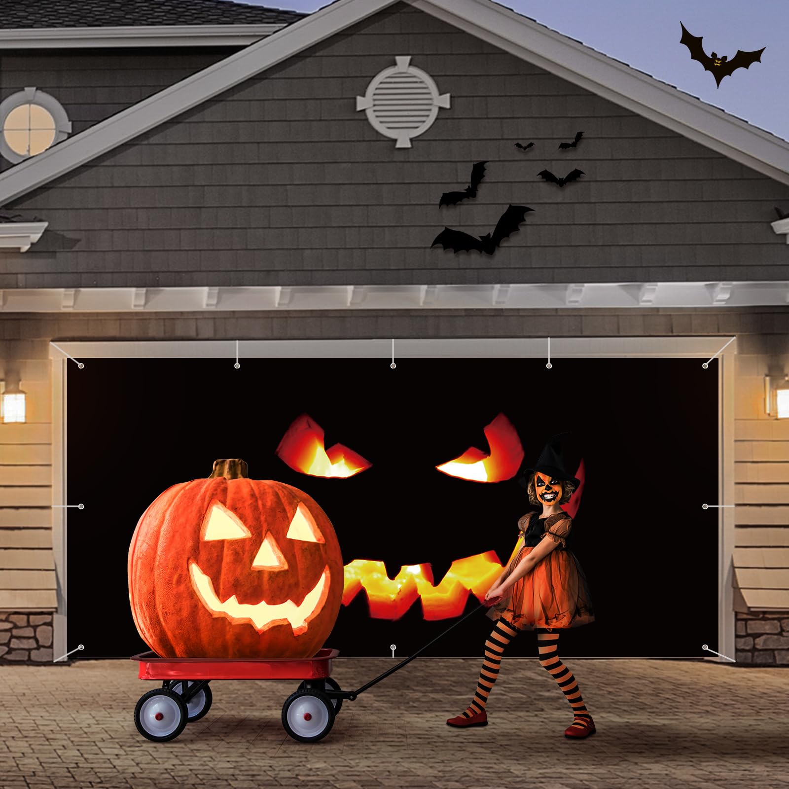 Déco Halloween Extérieure – Citrouille Noire Wayyogh224 – Panneau Porte De Garage 96x49cm