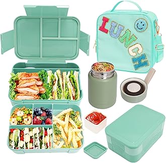 Girl Lunch Bag with 6 Compartment Bento Box with 10oz Thermo- Preppy Green Nylon Insulated Lunch Box Adjustable Strap, Birthday Gift For Girl Kids Teens Travel Picnic School
