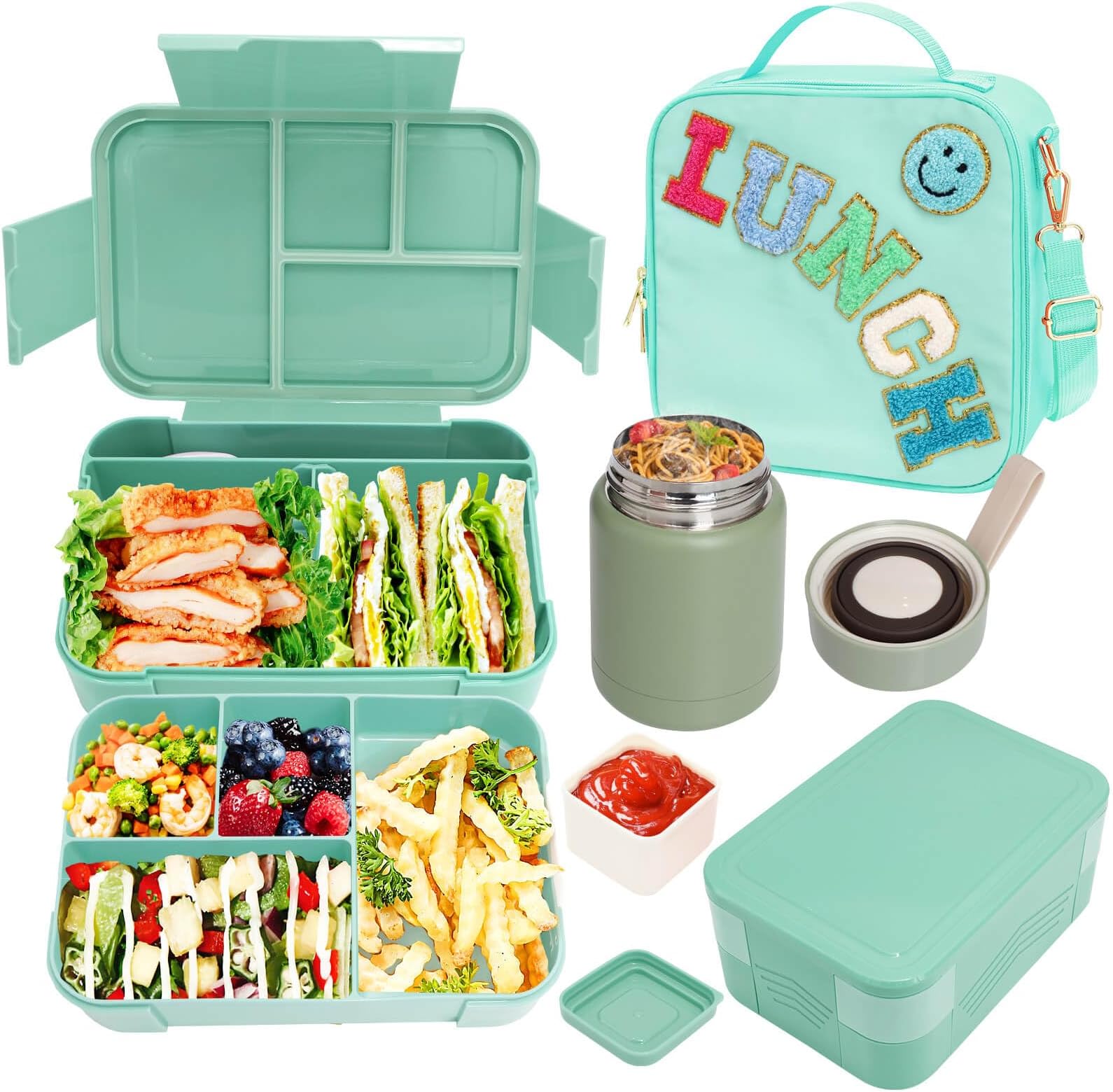 Girl Lunch Bag with 6 Compartment Bento Box with 10oz Thermo- Preppy Green Nylon Insulated Lunch Box Adjustable Strap, Birthday Gift For Girl Kids Teens Travel Picnic School