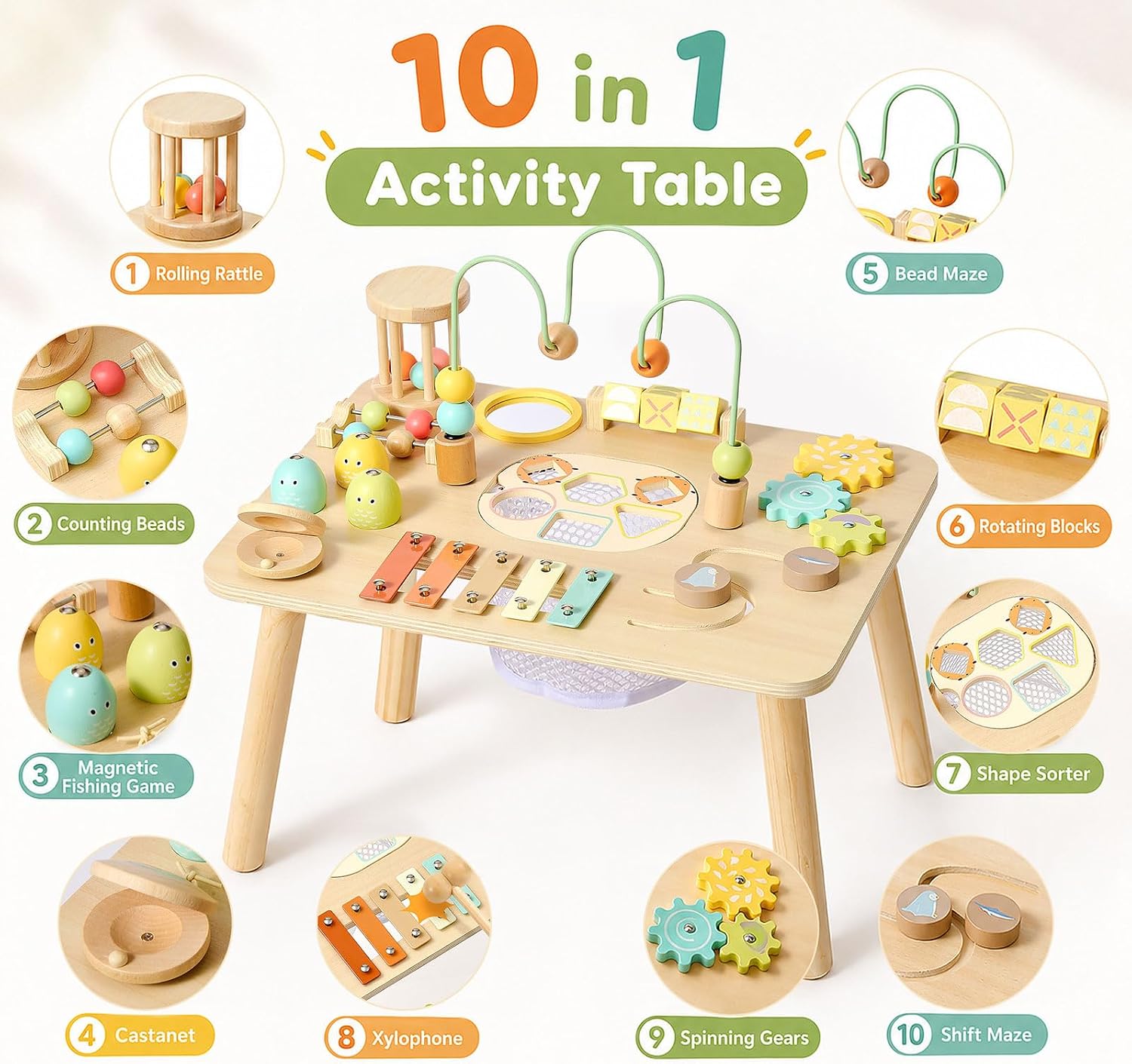 Wooden Activity Table, 10 in 1 Montessori Sensory Play Table | Montessori Toys for 1 Year Old, Toddler Busy Board with Bead Maze Shape Sorter Fishing Game, Birthday Gifts for Boys Girls