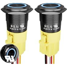 2PCS 19mm Latching Push Button Switch 12V-24V DC IP65 Waterproof Black Shell On Off with LED Angel Eye Head Pre-Wired Socket Plug for Automotive Marine RVBlue LED