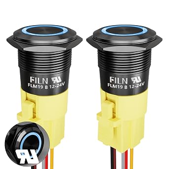 2PCS 19mm Latching Push Button Switch 12V-24V DC IP65 Waterproof Black Shell On Off with LED Angel Eye Head Pre-Wired Socket Plug for Automotive Marine RVBlue LED