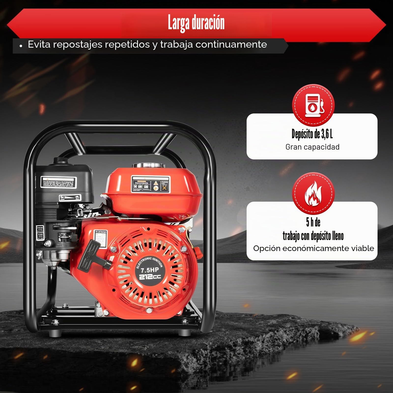 Bomba de agua de gasolina, 4 kW, 25000 l/h, 30 m, conexión de 2 pulgadas, bomba de jardín de 7,5 CV, bomba de agua sucia con motor de 4 tiempos y altura de succión, arranque por cable, bomba de agua