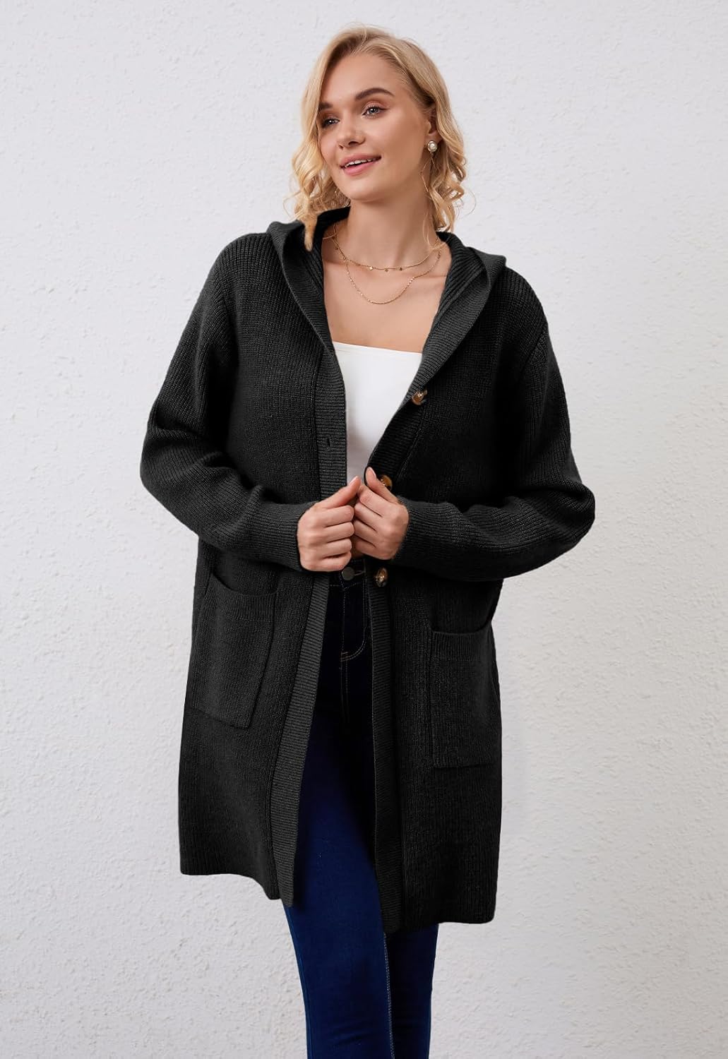 Alaster Queen Women's Hooded Fall Cardigan Long Sweater Open Front Button Down Knit Winter Cardigan Coats with Pockets - Image 2