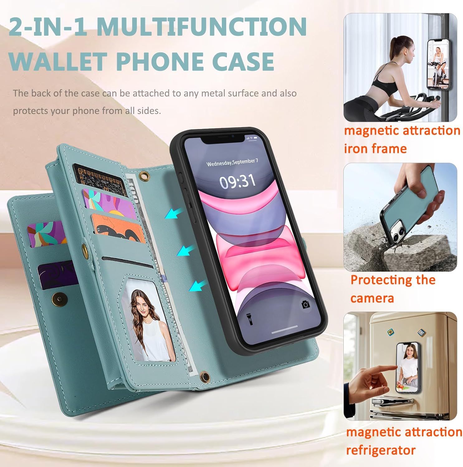 for iPhone 11 Wallet Case, Detachable Magnetic Phone Case,Faux Leather Strap Wallet,with RFID Blocking,Zipper Card Holder,Shoulder Straps (Blue)