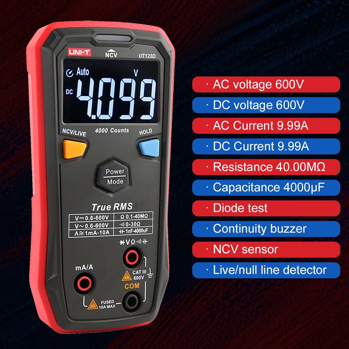 UNI-T Digital Smart Multimeter UT123D True RMS EBTN Display DC AC Voltage Current Tester Capacitance Meter Measuring Instruments