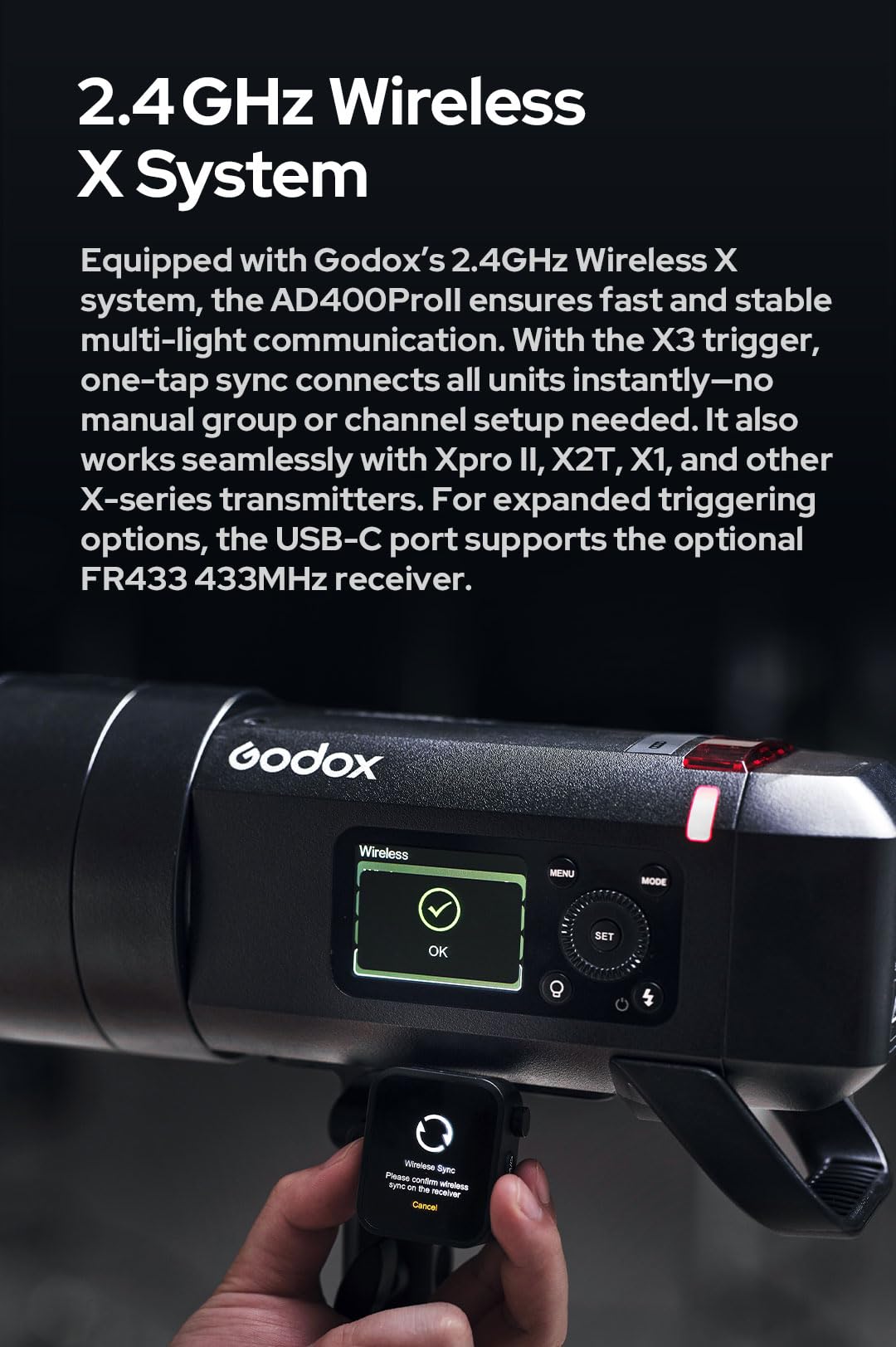 Godox AD400 Pro II Flash 400Ws TTL, AD400Pro II 2.4G HSS 1/8000s Monotorcia con LED Bi-Color 30W, Display OLED, Attacco Bowens/Godox, 460 Scatti a Piena Potenza, per Canon Nikon Sony Fujifilm
