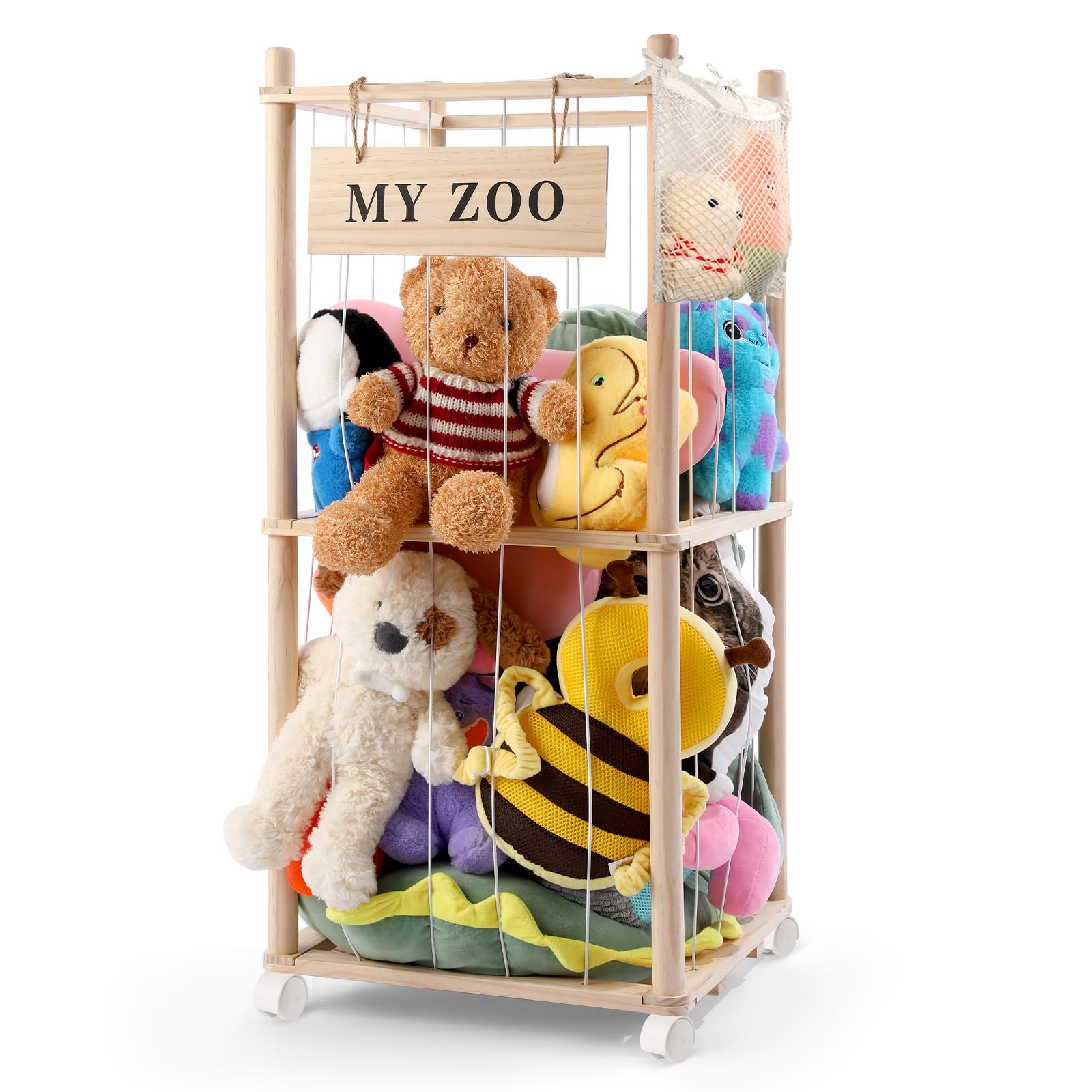 Massivholz Kuscheltier Aufbewahrung mit 360° Rollen & Bremse – inkl. Baumwollnetz, Plüschtier Organizer für Kinderzimmer, Spielzimmer & Wohnzimmer(Burlywood, klein)