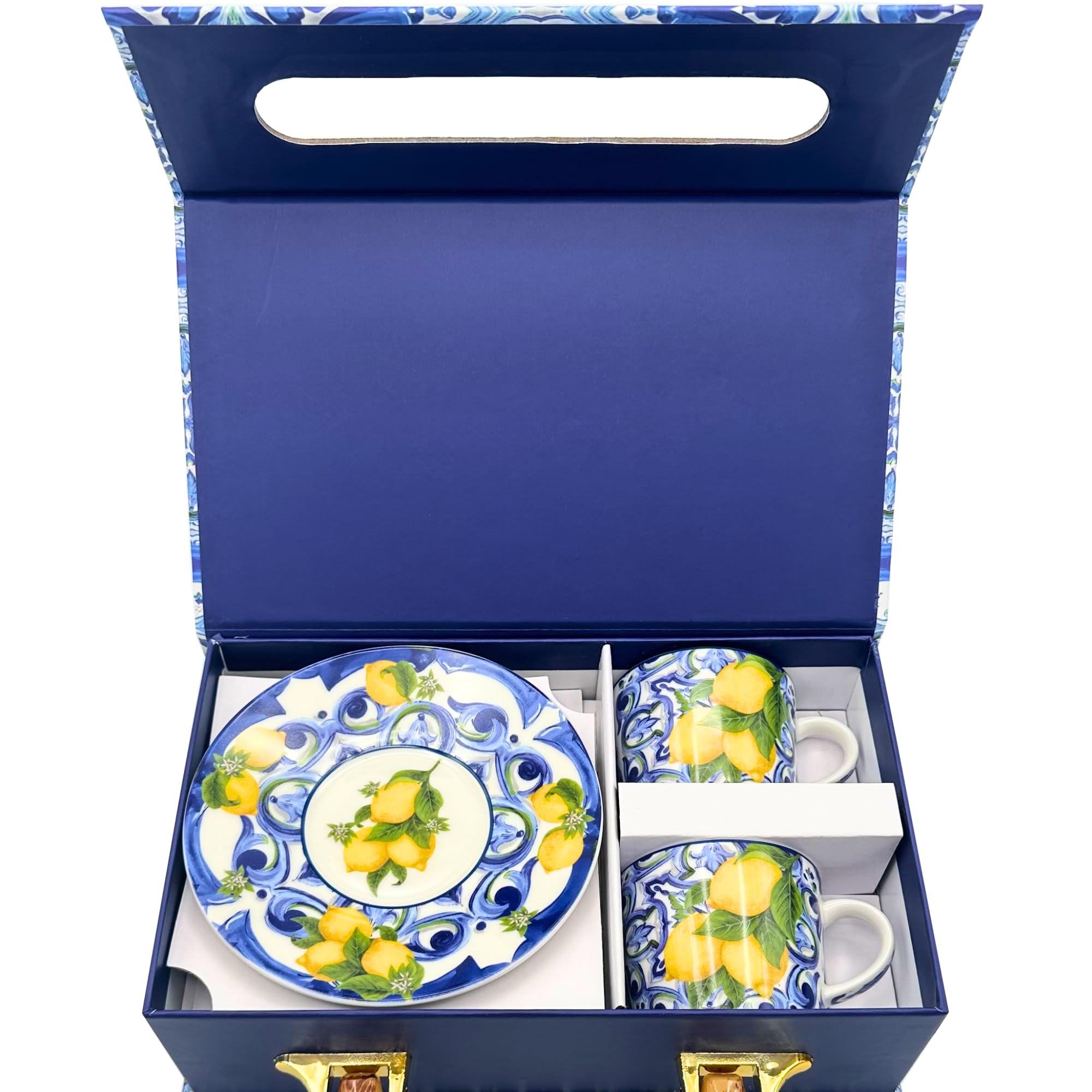 DIVINA Italian Design, Set Tazzine da Caffè Amalfi in Ceramica con Piattini, Blu, Confezione Regalo - SF185