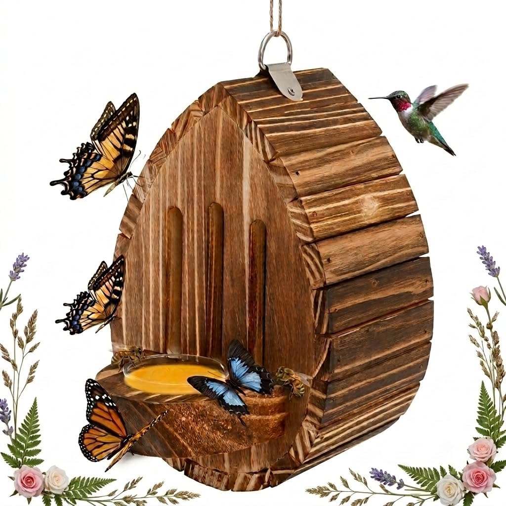Butterfly House for Outside, Wooden Butterfly Habitat & Feeder for Garden, Teardrop-Shaped Hanging Nesting Box for Butterflies, Moths & Lacewings, Outdoor Backyard Decor Butterfly Houses with Rope