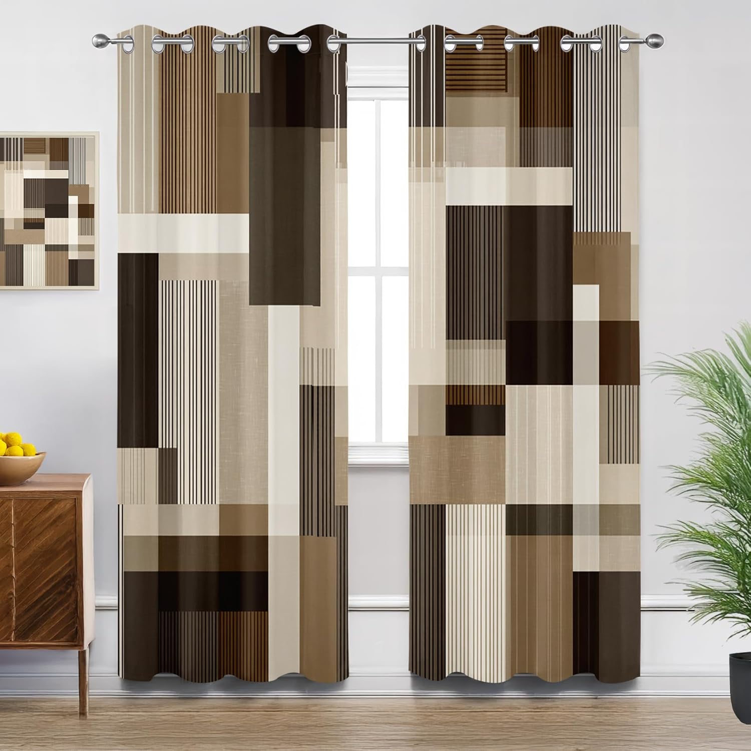 Geometric Curtains 63 Inch Length, Modern Abstract Brown Taupe Beige Blackout Curtains for Bedroom Living Room, Room Darkening Thermal Insulated Grommet Drapes, Patterned Window Treatments