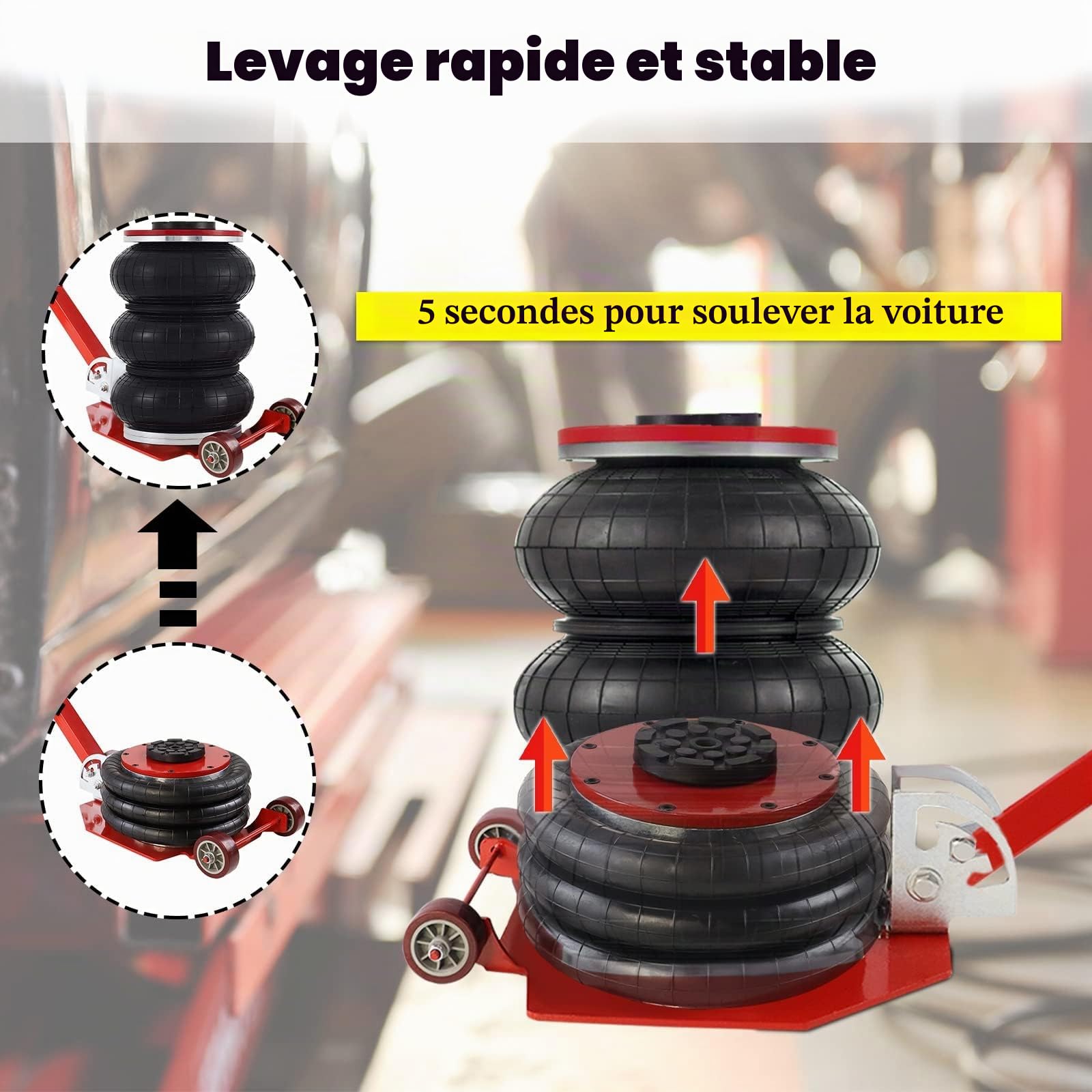 LILIIN Cric pneumatique 3T - Cric pour voiture - Hauteur de levage : 150–400 mm - Cric à air avec poignée, cric pour réparation, en rouge et noir