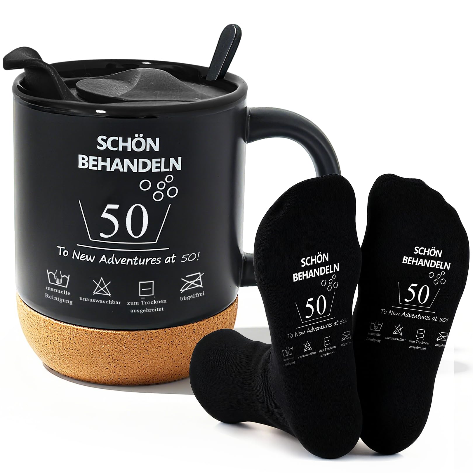 Kaffeetasse und Lustige Socken Set, Geschenk 50 Geburtstag Mann, Becher mit Deckel und Unterteil und Socken, Geschenkidee für den runden Geburtstag