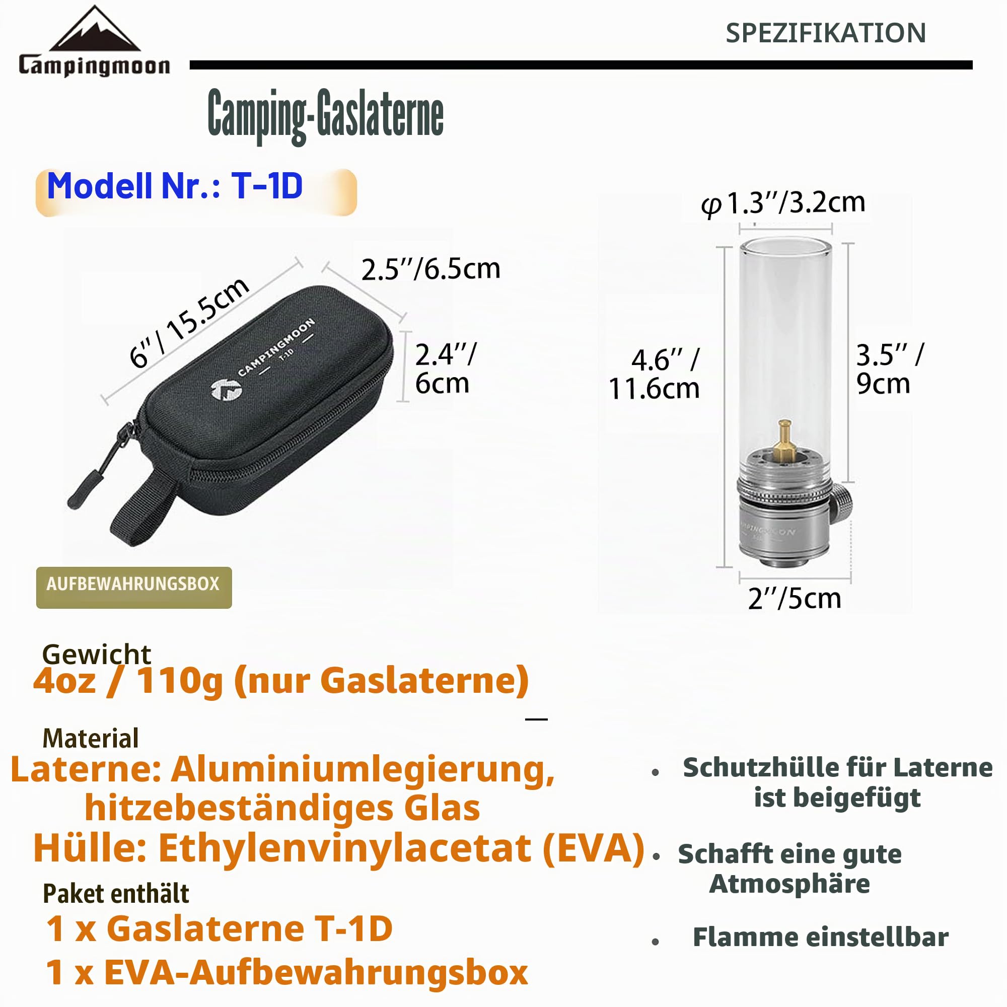 CAMPINGMOON Gaskerzen-Laterne mit EN417 Lindal Ventil Standard Camping-Kanister T-1D