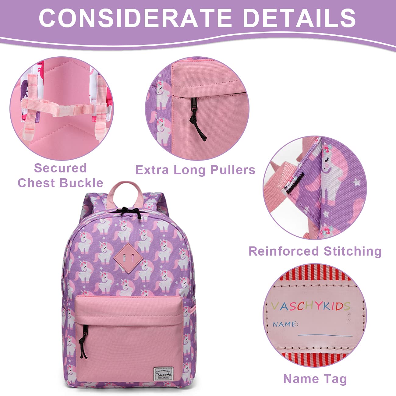 VASCHY Mochila escolar para niños y niñas - Mochila infantil - Mochila de jardín de infantes con hebilla de pecho, Unicornio-pequeño, Taille unique, Lindo