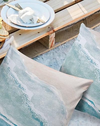 Miniatura 2 de Funda de almohada para exteriores, acuarela, azul, blanco, onda, océano, playa, impermeable, paquete de 2 fundas de almohada de paisaje costero,