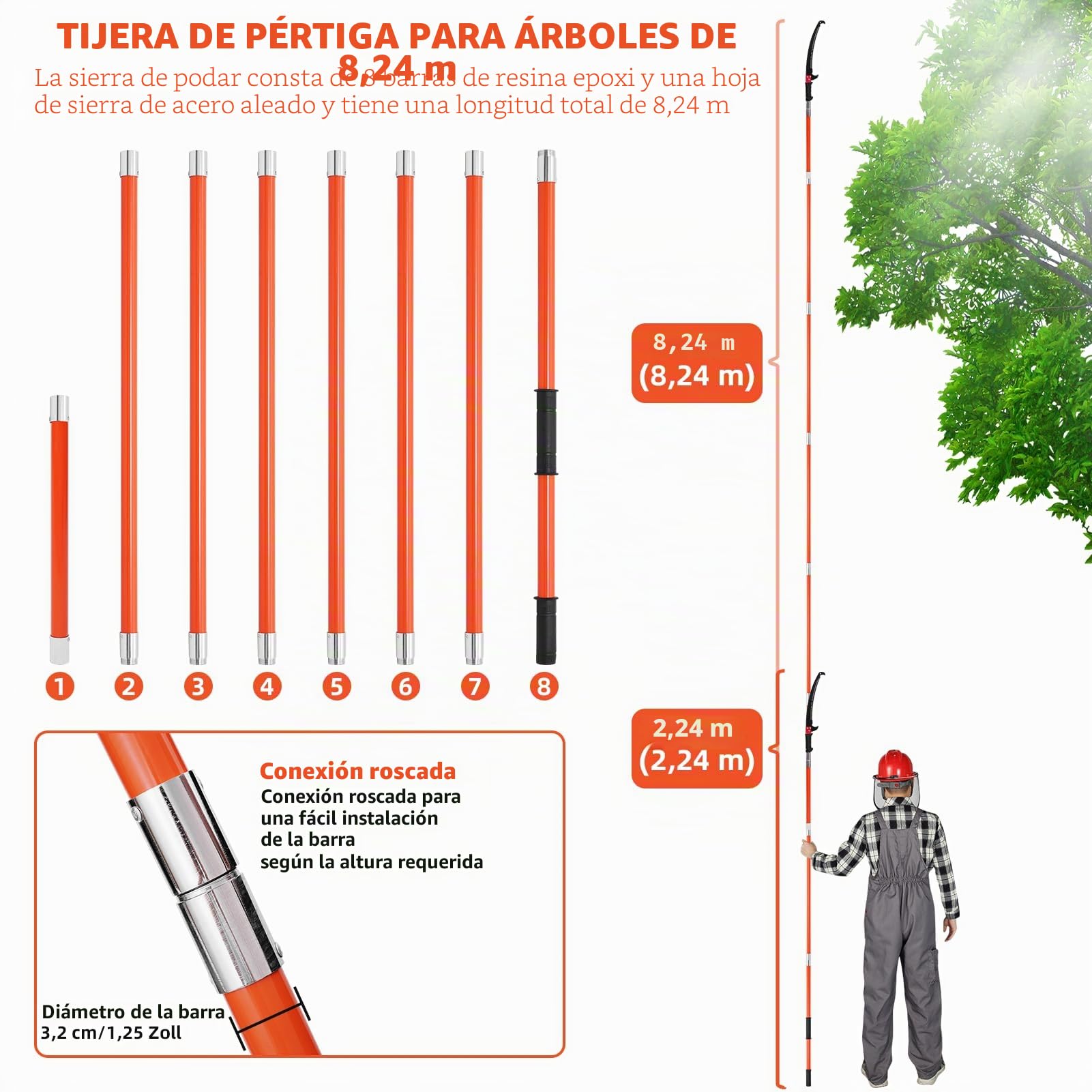 Sierra de poste manual, podadora de árboles extensible de 7 a 27 pies, hoja de acero afilada y tijeras, podadora de ramas altas, recortadora de ramas con 8 asas ligeras de fibra de vidrio, para podar