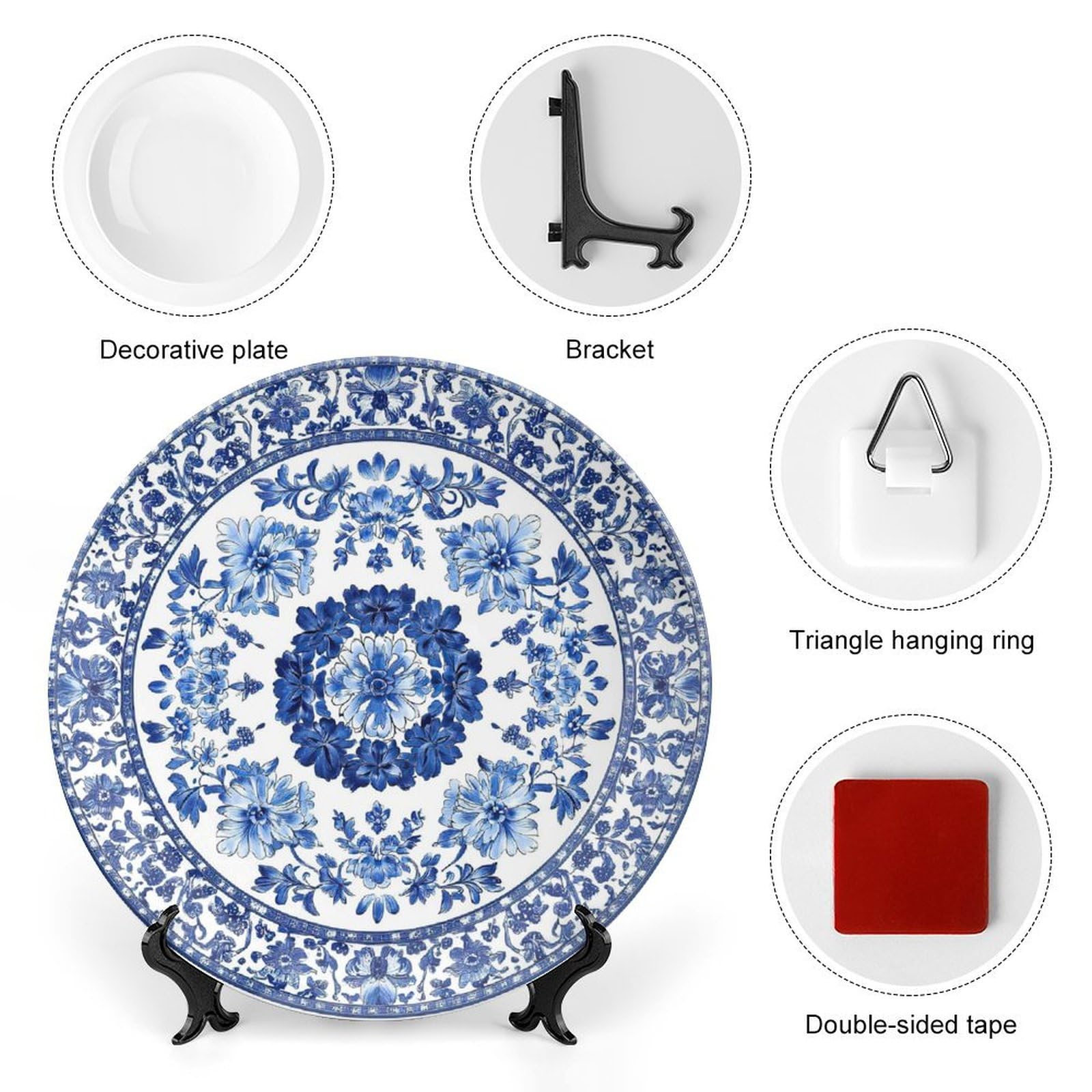 BHTLARNGY Porcelain Ceramic Decorative Plate, Blue Decorative Dish with Stand, Blue and White Pottery Bone China Decorative Plates Art Porcelain Plate for Living Room Hallway Table Decor