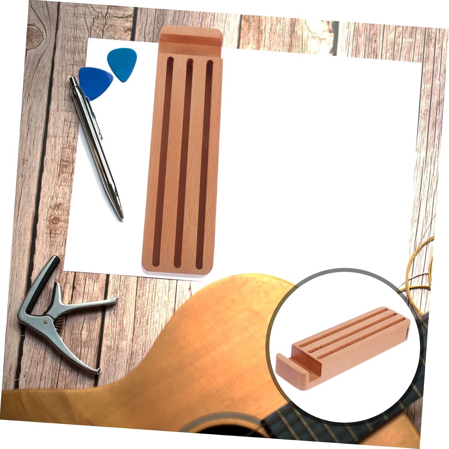 Wooden Guitar Pick Holder Box with Mobile Phone Bracket Khaki image 3