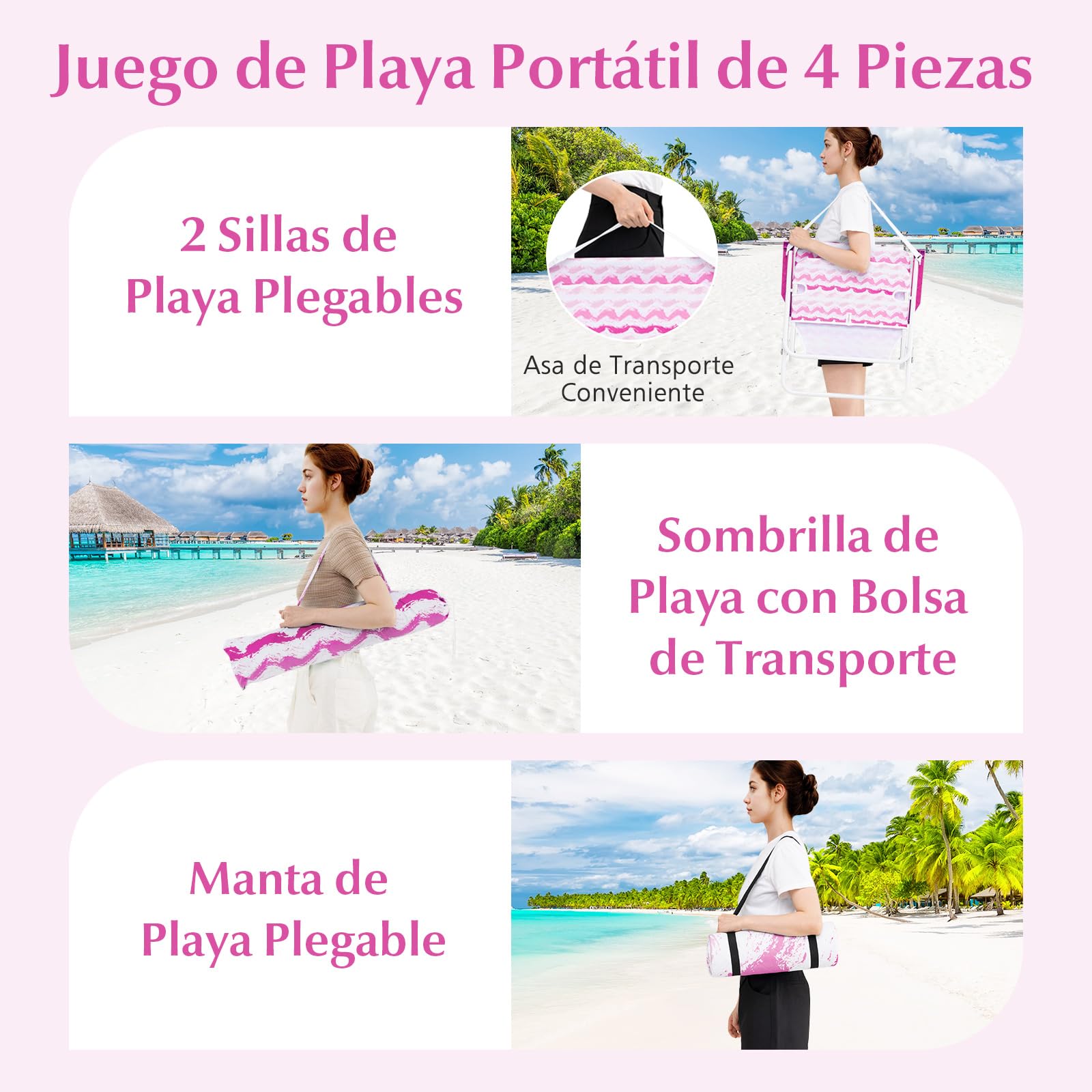 COSTWAY 2 Sillas Playa con Sombrilla y Manta de Picnic, Inclinable de 30°, Sillas Pórtatil Ligera con Portavasos, Bolsa de Transporte, Camping Picnic Jardin Terraza (Rosa)