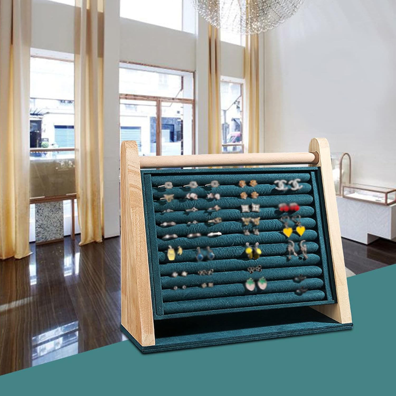 Vertical Solid Wooden Jewelry Storage Stand Large Capacity Hanging Organizer Display Board Rack with 10 Strip Slots for Chest Pin Earrings Jewelry Ring Small Ornament (Dark Green)