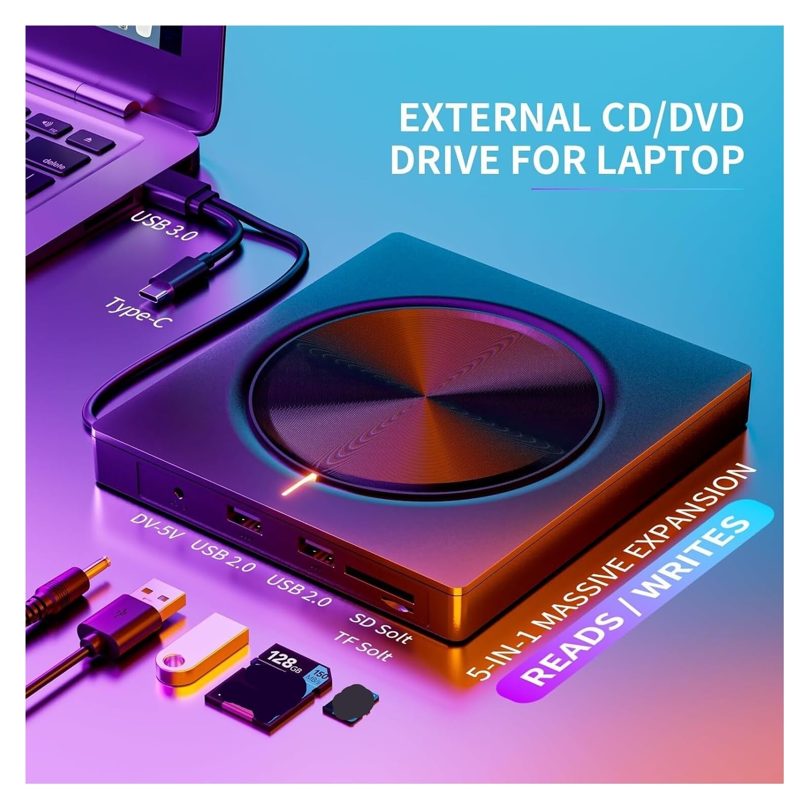 Przenośny odtwarzacz DVD, 6-w-1 zewnętrzny odtwarzacz CD/DVD do laptopa przenośny czytnik DVD nagrywarka