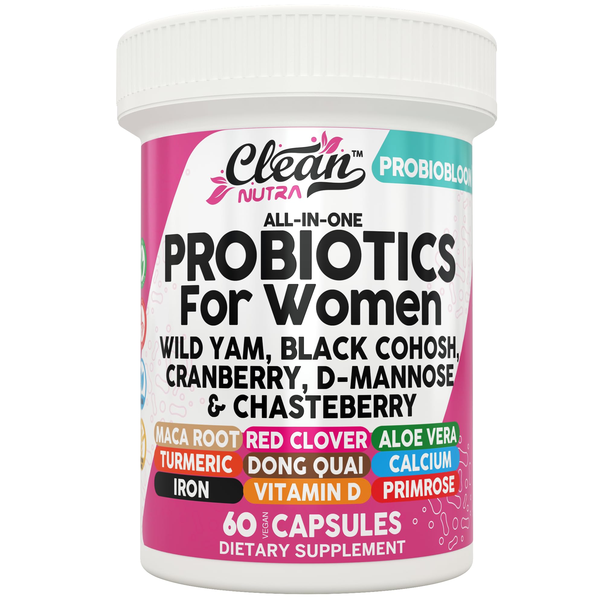Clean Nutraceuticals Probiotics for Women with D Mannose, Cranberry Extract, Wild Yam, Chasteberry - 20 Probiotic and Prebiotic Strains - PH Balance, Womens Probiotic for Digestive Health - 60 Count 1