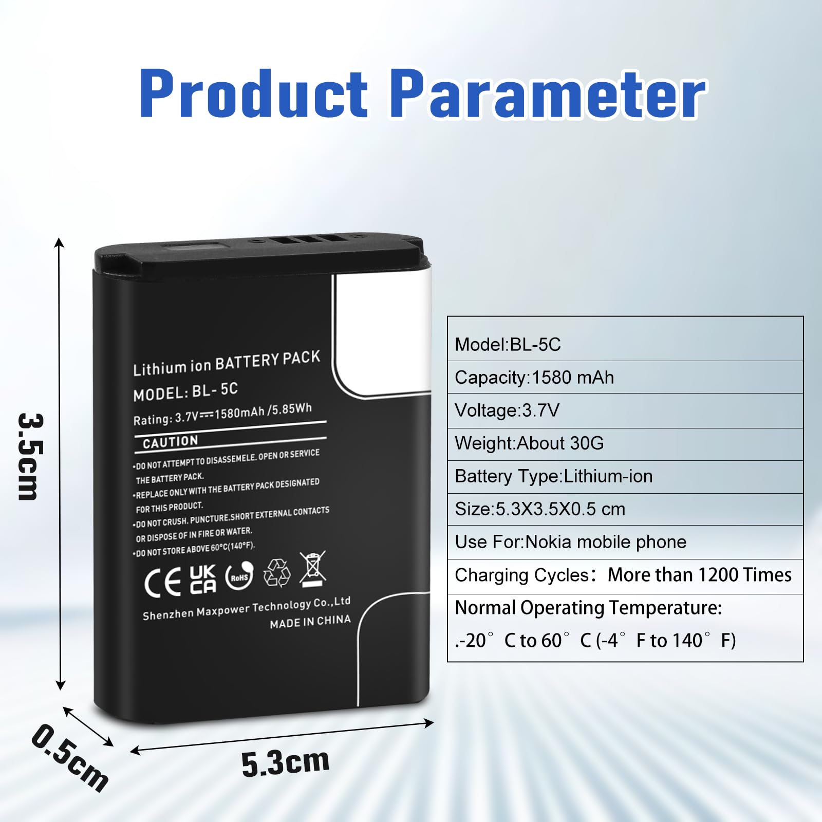 Batería BL-5C, batería de repuesto de iones de litio de alta capacidad de 1580 mAh para Nokia 1100, 1600, 2310, 3100, 3110, 3120, 5030, 6030, 6230, 6270, 6600, N70 y DIGITRADIO 1/2, TECHNIRADIO O RDR