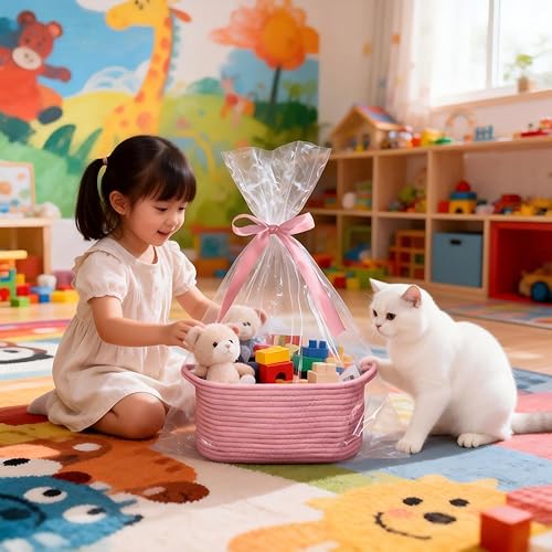 Miniatura 3 de Cesta de regalo para bebé con bolsas de regalo y cintas, cesta de 12 x 8 x 5 pulgadas para juguetes de bebé y mascotas, cesta pequeña de cuerda de