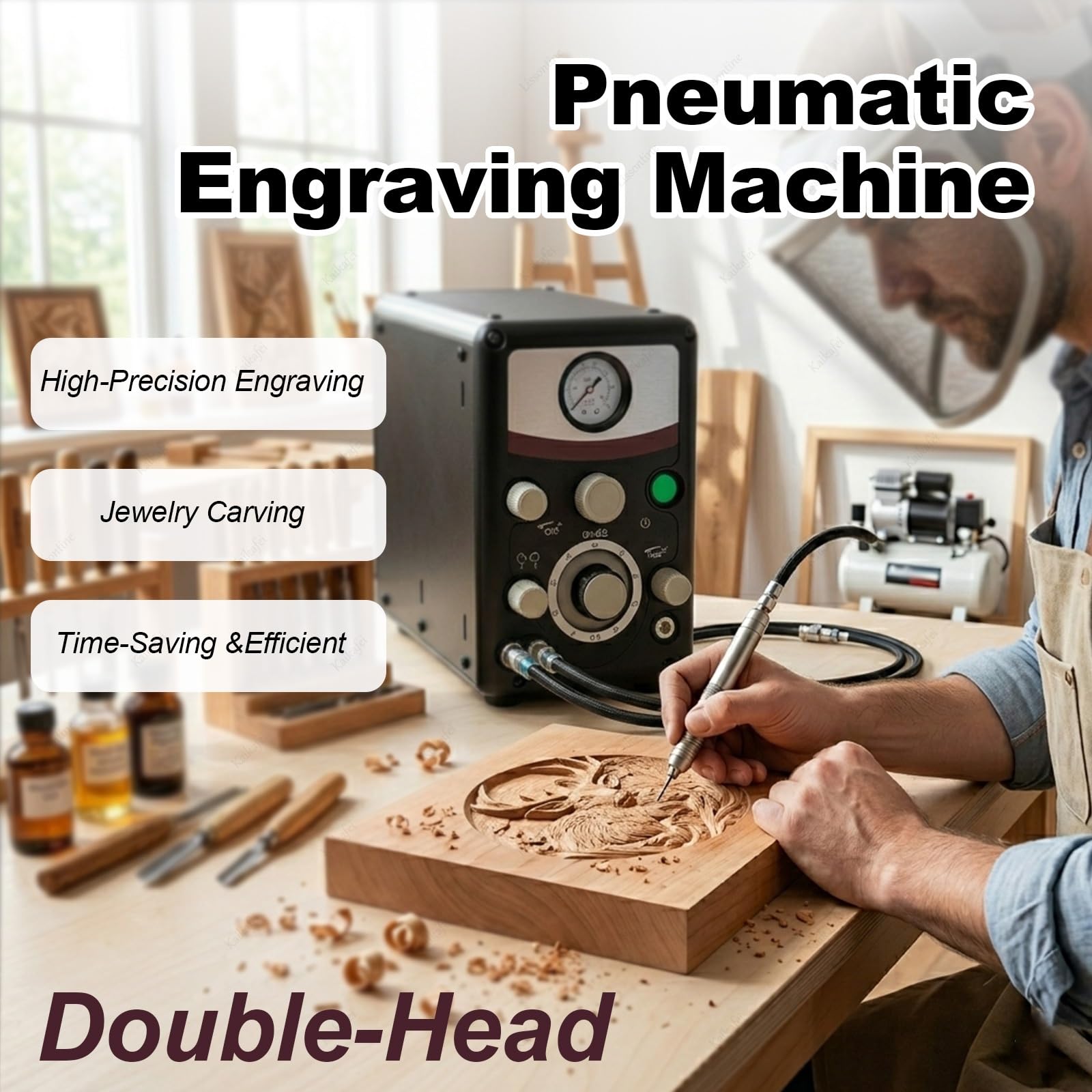Máquina de Grabado Neumática para Metal y Joyería, Velocidad Ajustable 400-8000 RPM, Doble Cabeza, Ideal para Proyectos Personalizados
