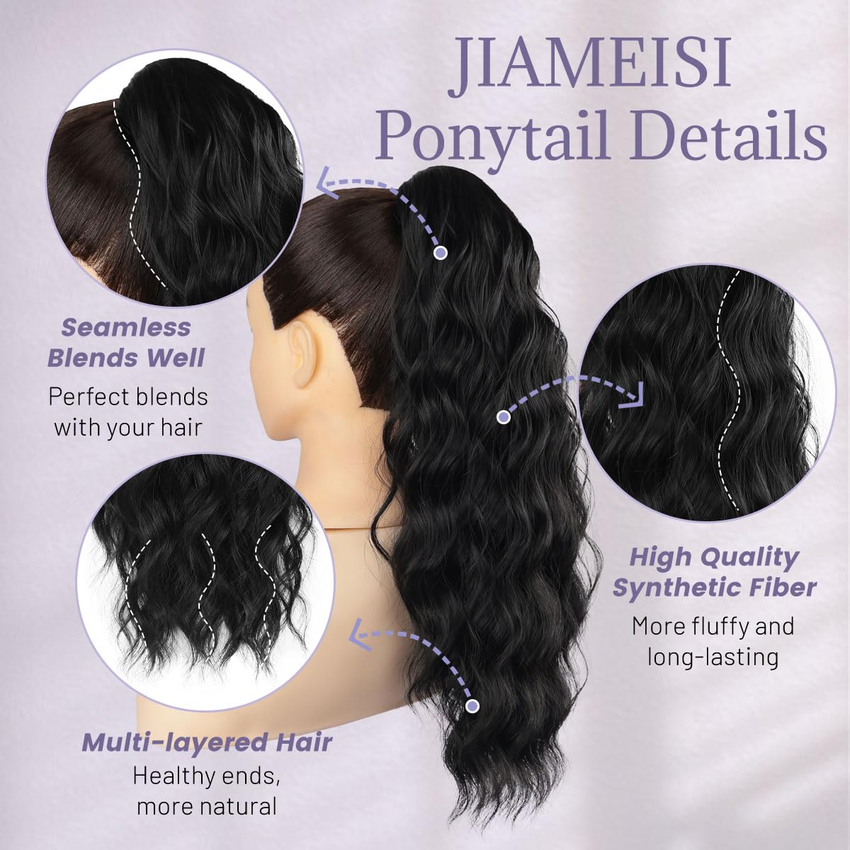 JIAMEISI Claw Clip Ponytail Hair Extensions 18 Inch Ponytail Extension Long Curly Wavy Jaw Clip in Pony Tails Extension Synthetic Fluffy Hairpiece for Women Girls Daily Use Party Black - Image 3