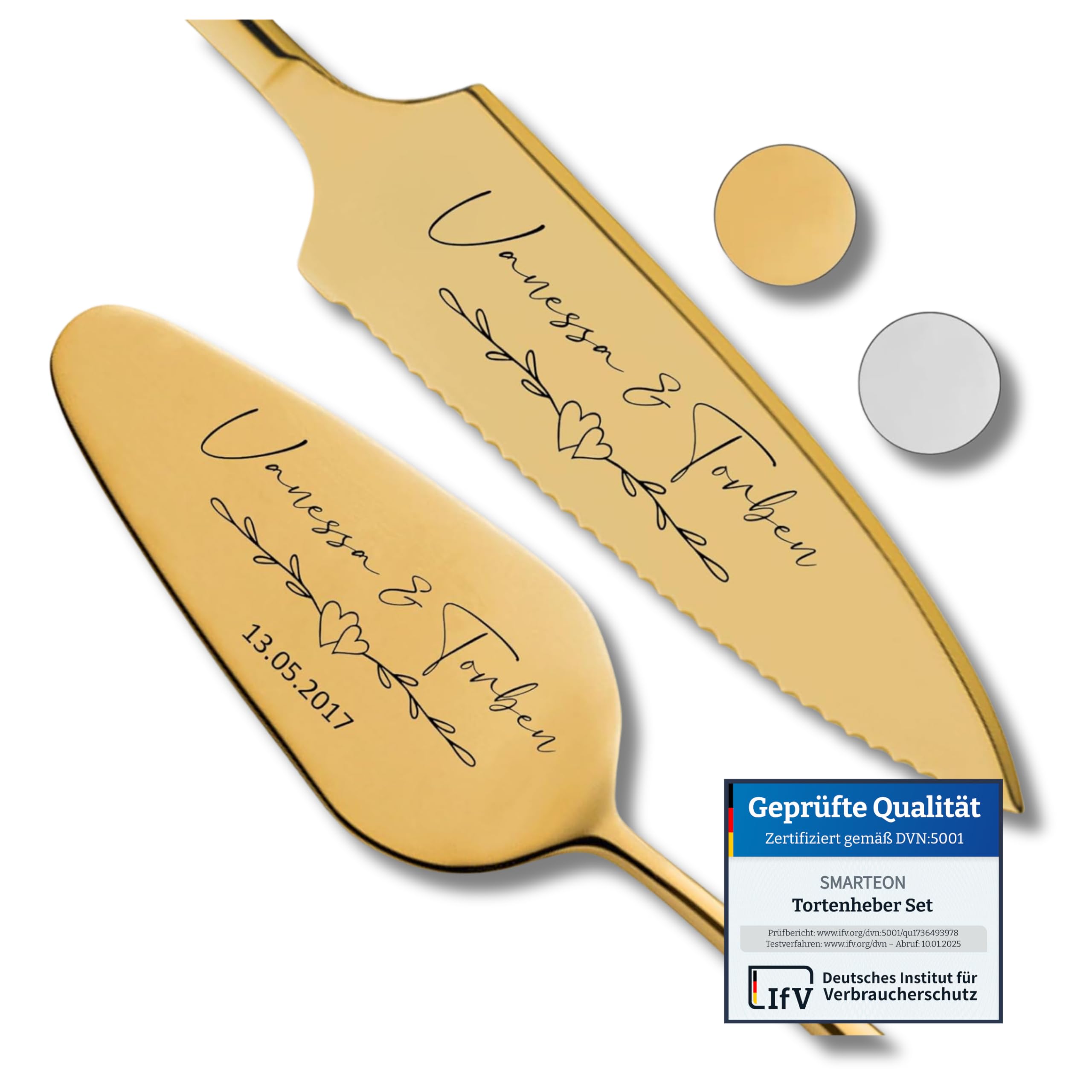 SMARTEON Tortenheber inkl. Tortenmesser im Set mit persönlicher Gravur als Geschenk zur Hochzeit, Jahrestag, Geburtstag - Hochzeitsgeschenke für Brautpaare - Goldfarbenes Set in Geschenkbox