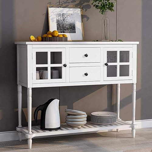 P PURLOVE Mesa de buffet, mesa de consola rústica, con dos cajones de almacenamiento, dos armarios y estante inferior para sala de estar y entrada