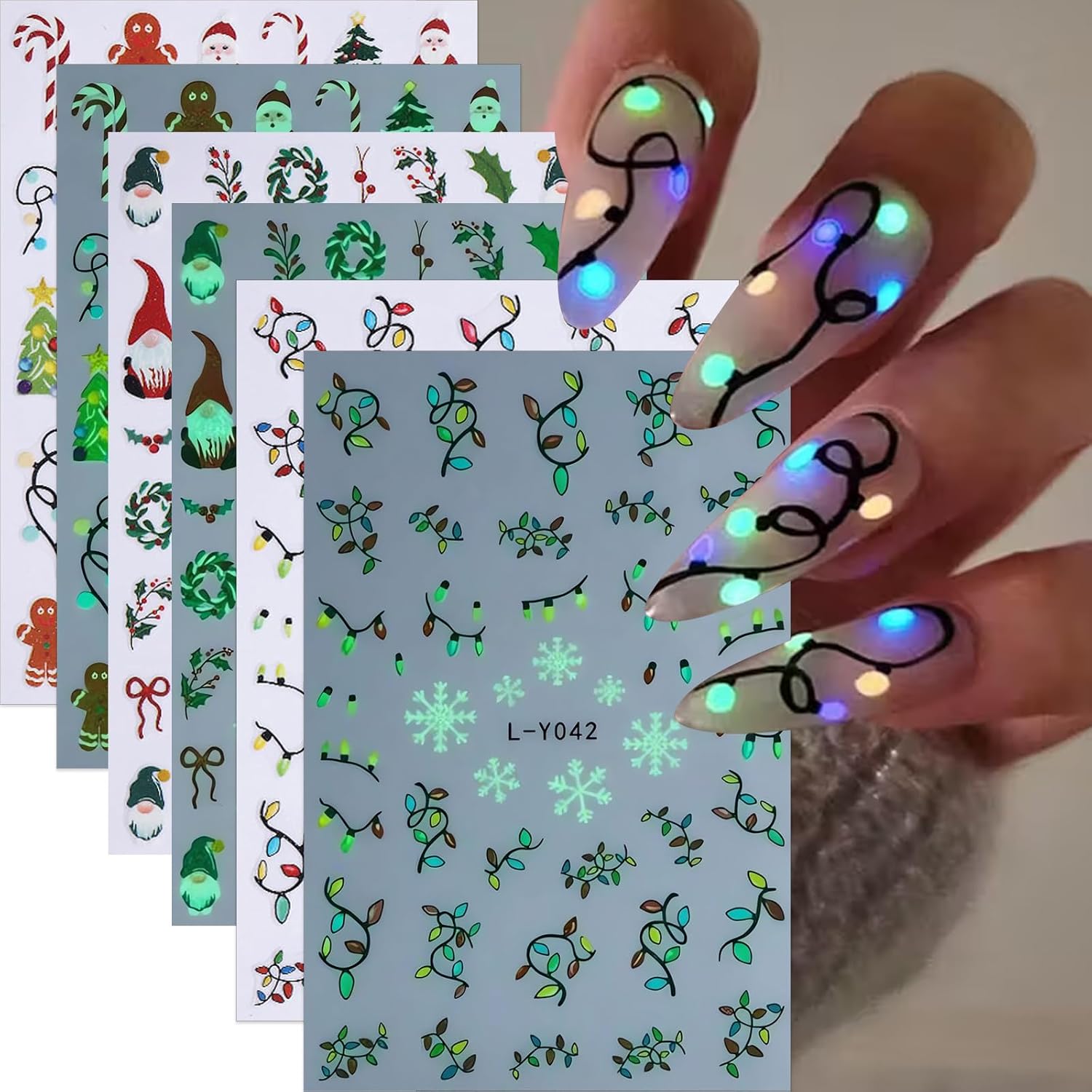 Glow in The Dark Christmas Nail Stickers 6PCS 3D Self-Adhesive Santa Claus Tree Neon Light Candy Cane Gingerbread Man Nail Decals Cute Holiday Stickers for Christmas Party DIY Nail Art Decorations