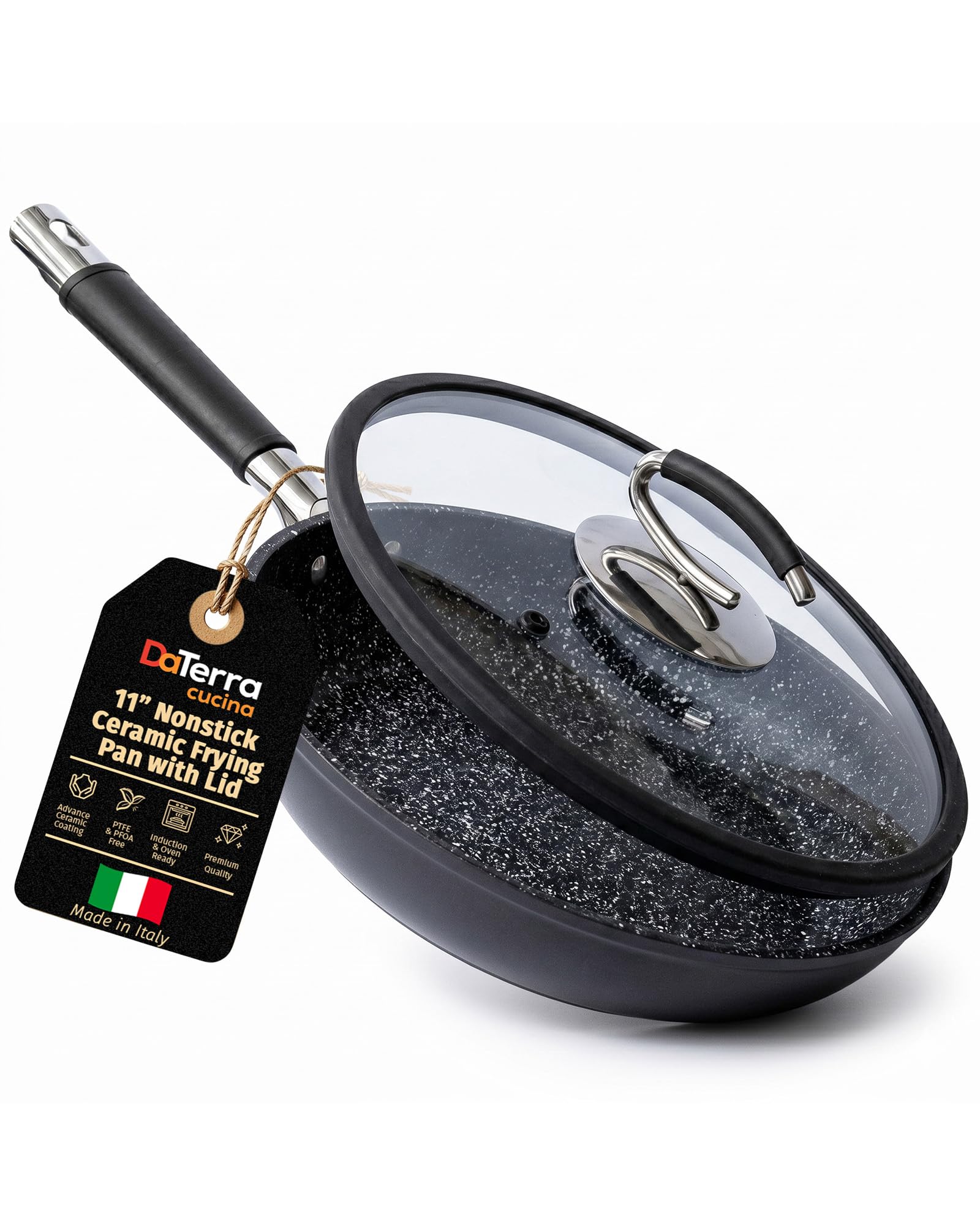 DaTerra Cucina Nieprzywierająca ceramiczna patelnia z pokrywką, nadaje się do piekarnika i indukcyjnego, odporne na wysokie temperatury, nieprzywierające naczynia, można myć w zmywarce, trwała i