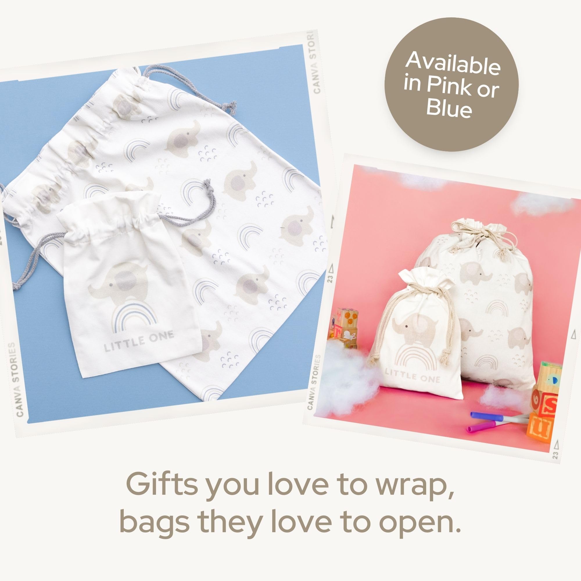 Torby na prezenty ze sznurkiem do zbierania i węzłów, płótno premium, 56 cm, bardzo duże | tkanina wielokrotnego użytku na baby shower lub urodziny | XL słoń różowy płaski spód