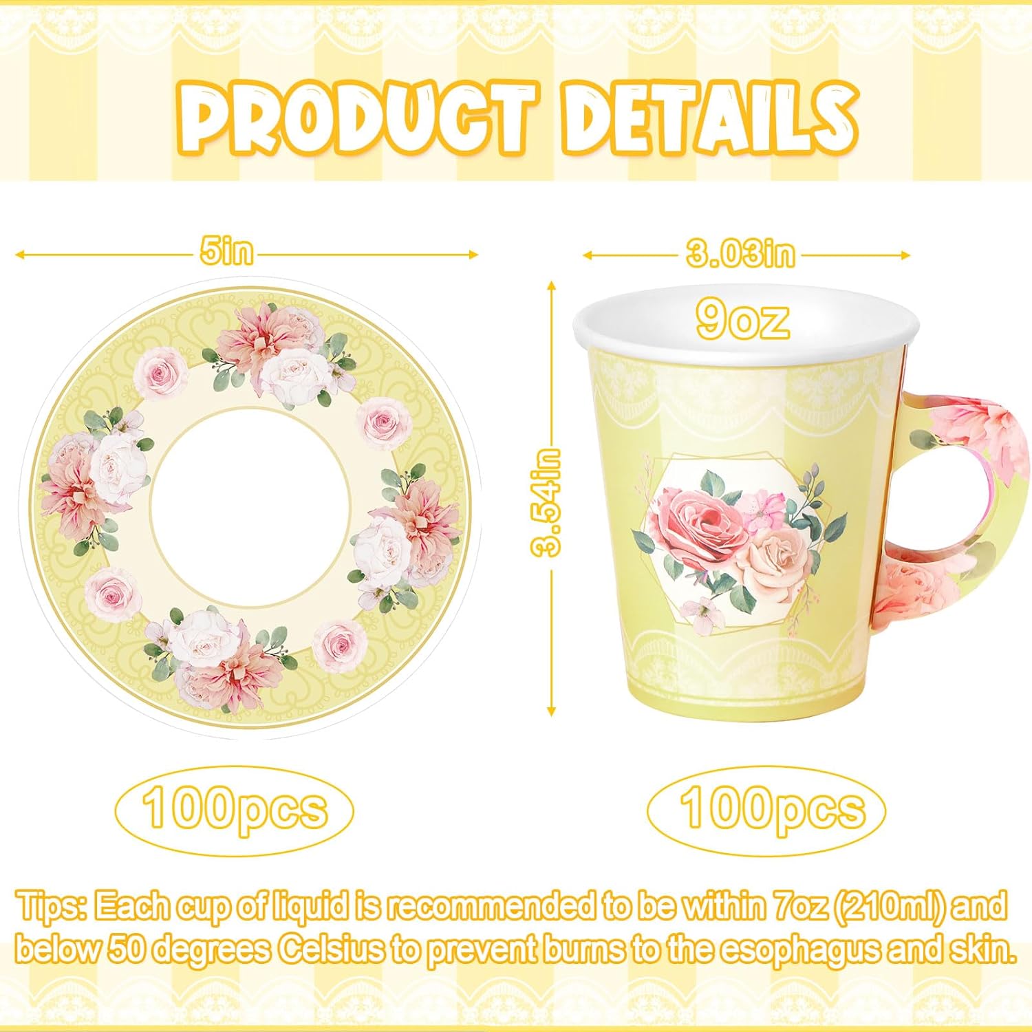 Zopeal 100 Pcs Disposable Tea Party Decorations 9 oz Floral Paper Tea Cups and Saucers Disposable Teacups with Handle for Mother Day Wedding Birthday Princess Blossom Baby Shower Supply(Light Yellow)