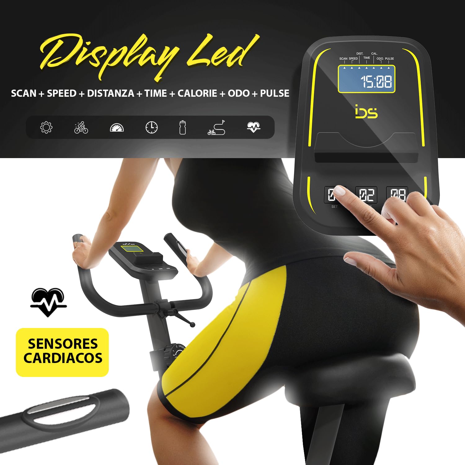 IDS Bicicleta estática C100, Resistencia magnética 8 niveles, Pantalla digital multifunción, Sensores cardíacos, Asiento cómodo XL ajustable, Pedales EasyFlow, Profesional, segura y estable