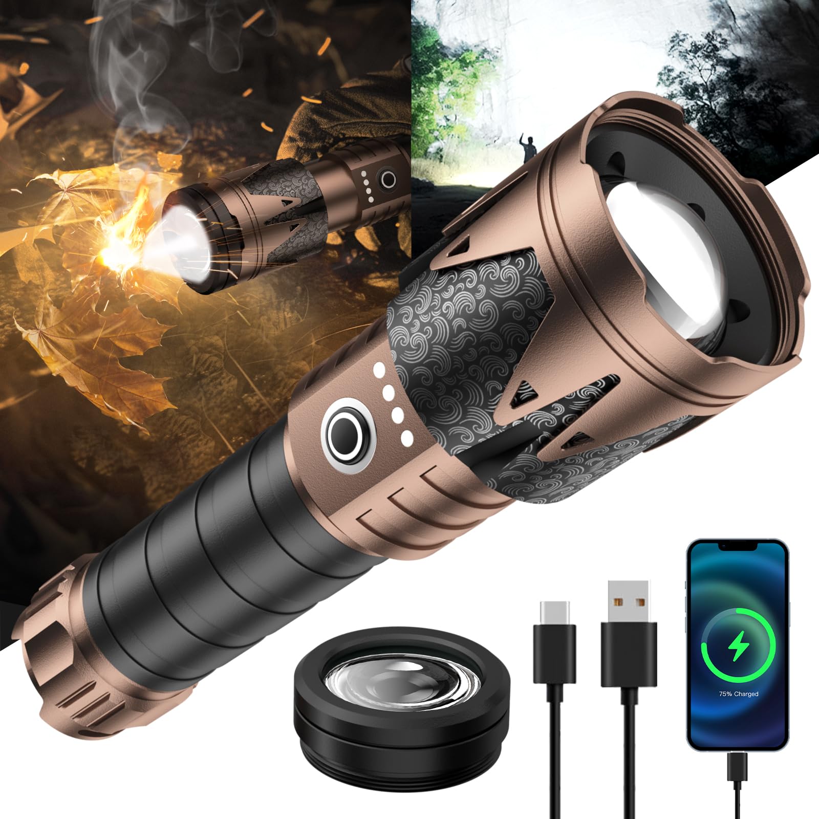SKYFIRE Taschenlampe LED Aufladbar 8000 Lumen Extrem Hell, Kompakte Taschenlampen Zoombar mit Feuerzündungs-Linse, 6 Modi IPX6 Wasserdicht für Camping Wandern Outdoor, Inkl