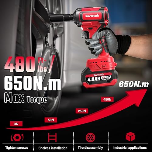 Miniatura 3 de Revvstark Llave de impacto, par máximo de 480 pies-libras650N.m inalámbrica 12 impacto, pistola de impacto de potencia de 20 V 3000 RPM con batería